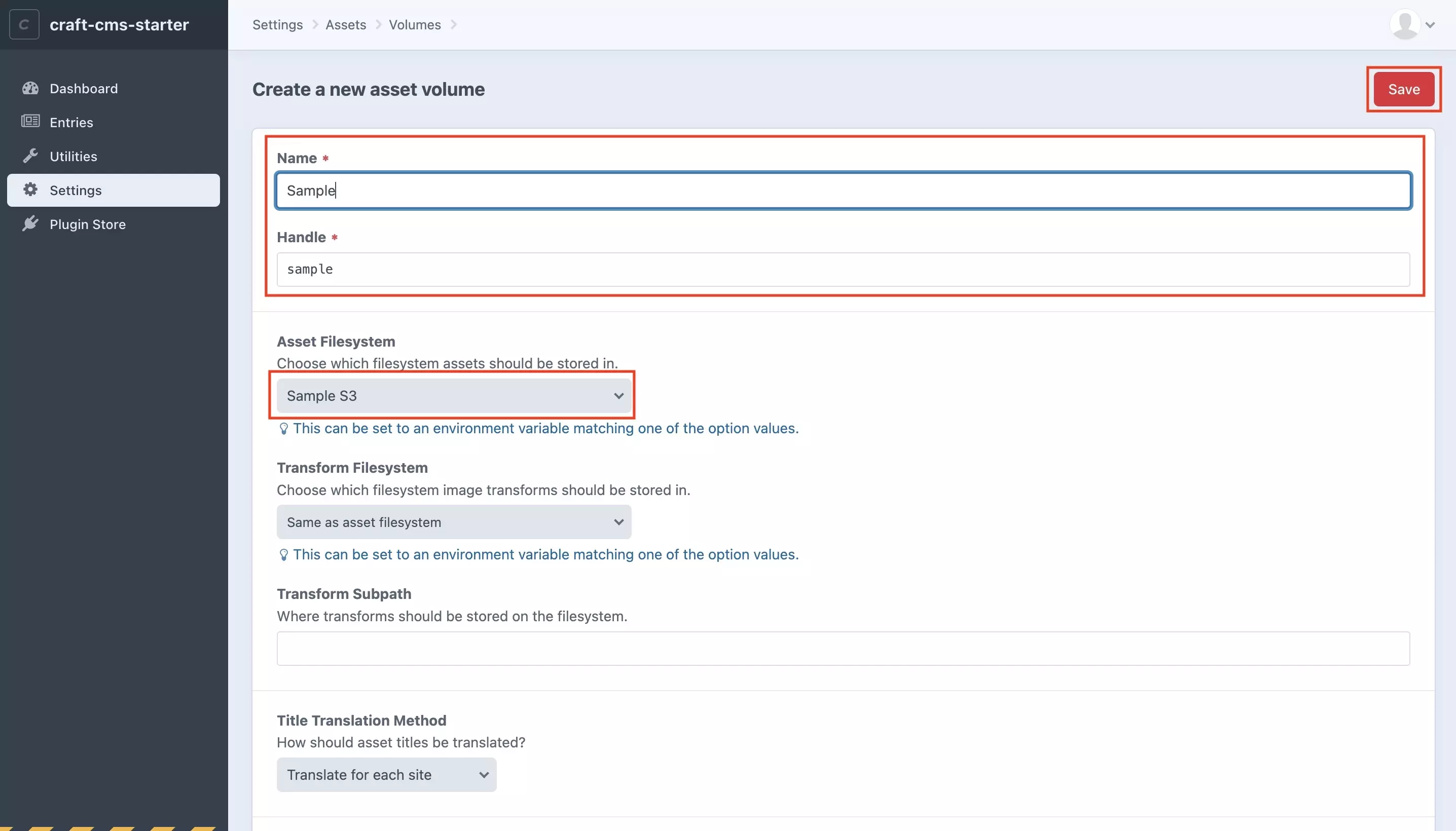 A screenshot of the Create a new Asset Volume Craft CMS page, highlighted are the details that you need to add including the name, handle and asset file system. This last one must match a formerly created asset system, or the one that you created earlier. We have also highlighted the Save button on the top right. Press this when reading to complete creating the asset volume.