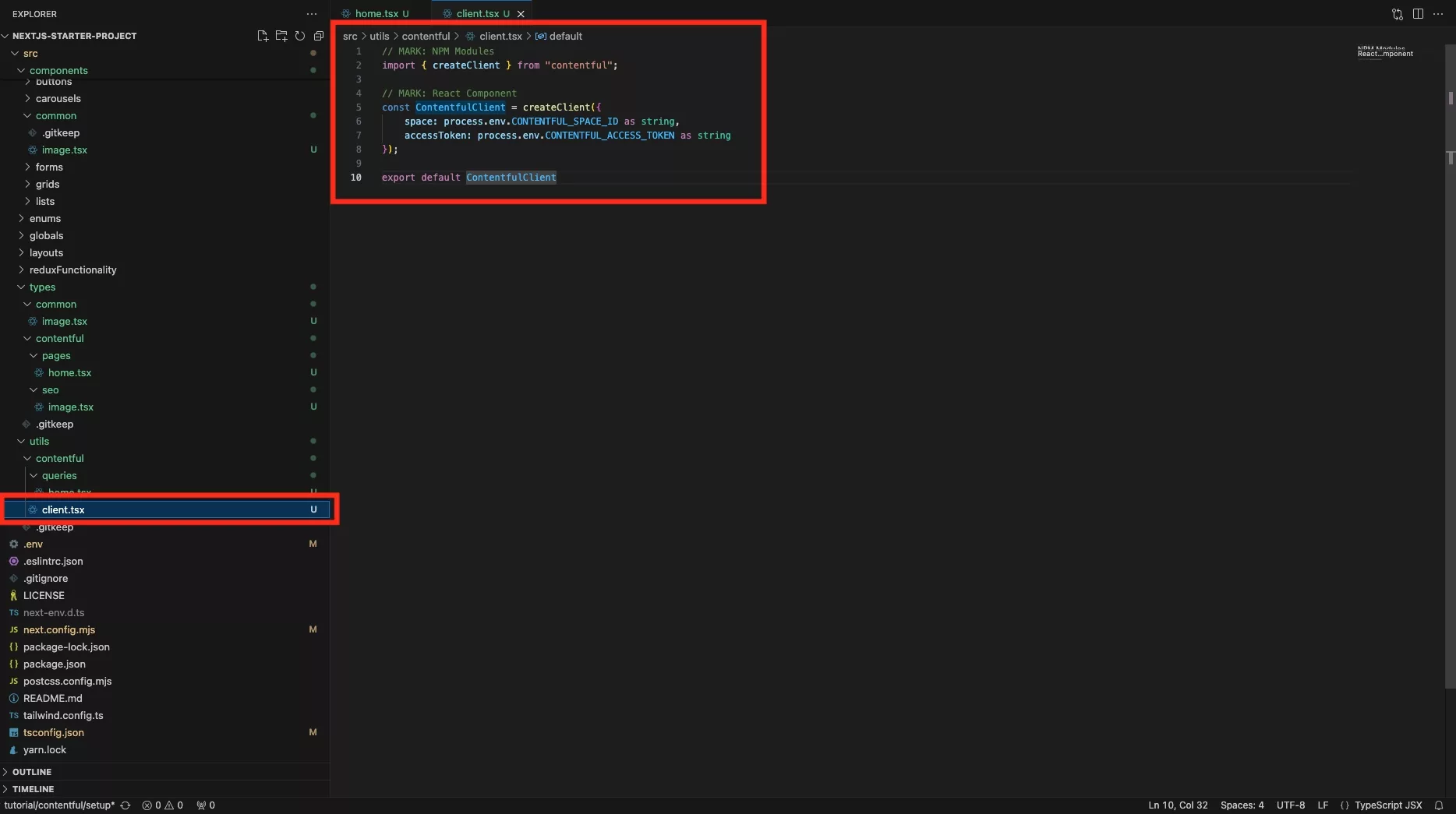 A screenshot of VSCode showing the Contentful Client code.