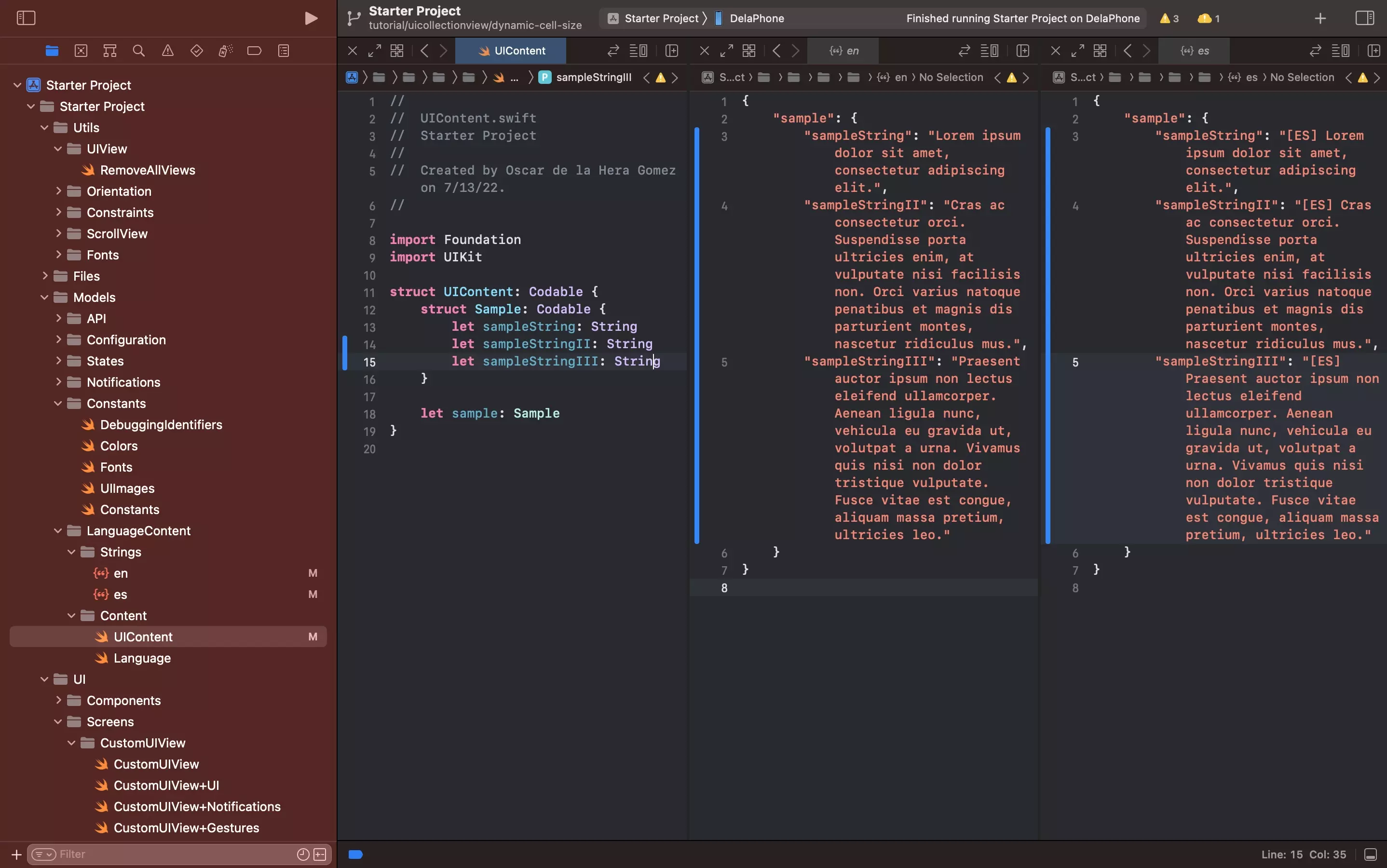 A screenshot of Xcode showing the content that we created as part of the tutorial.