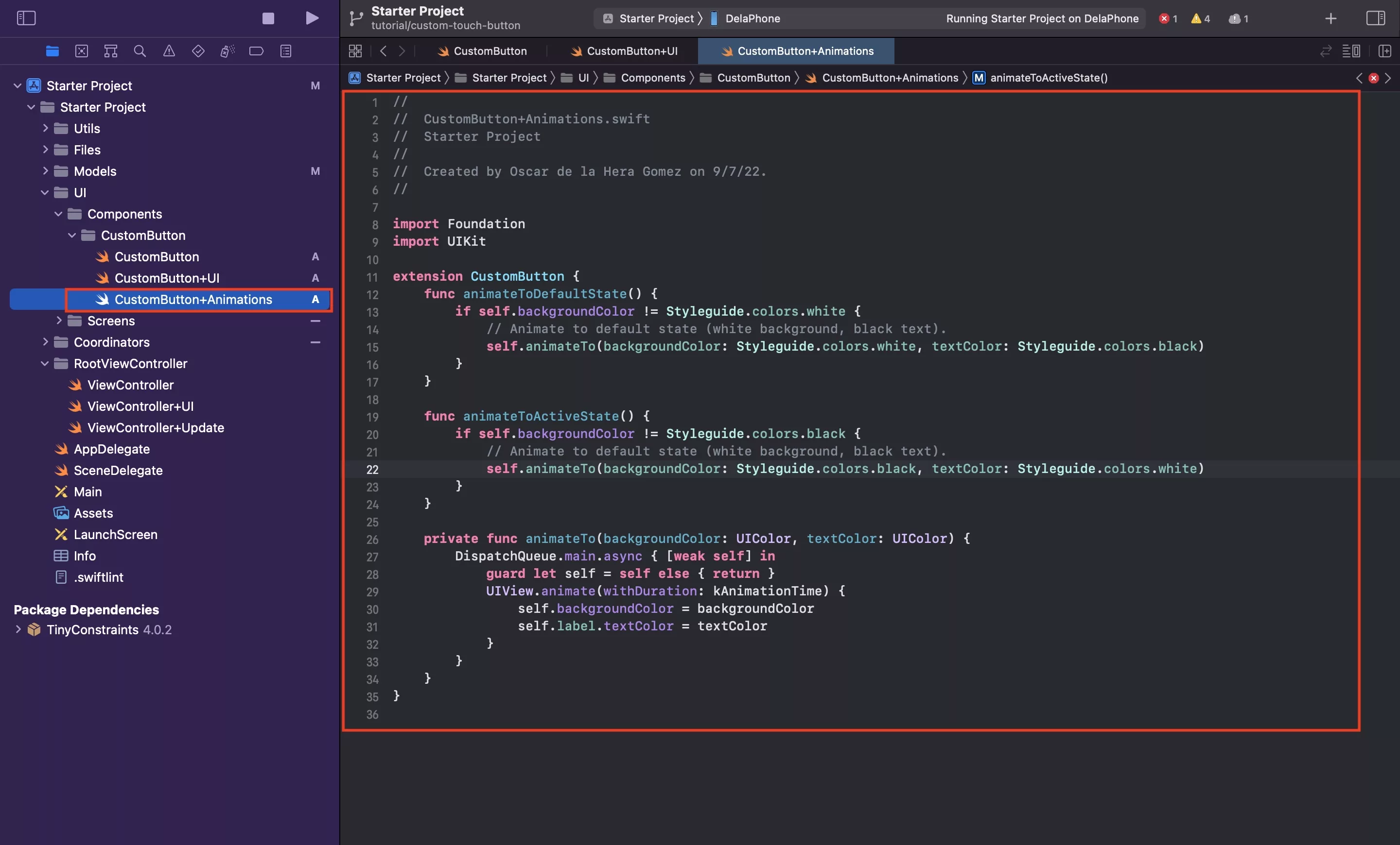 A screenshot of Xcode of the code of the Animation extension of the Custom Button.