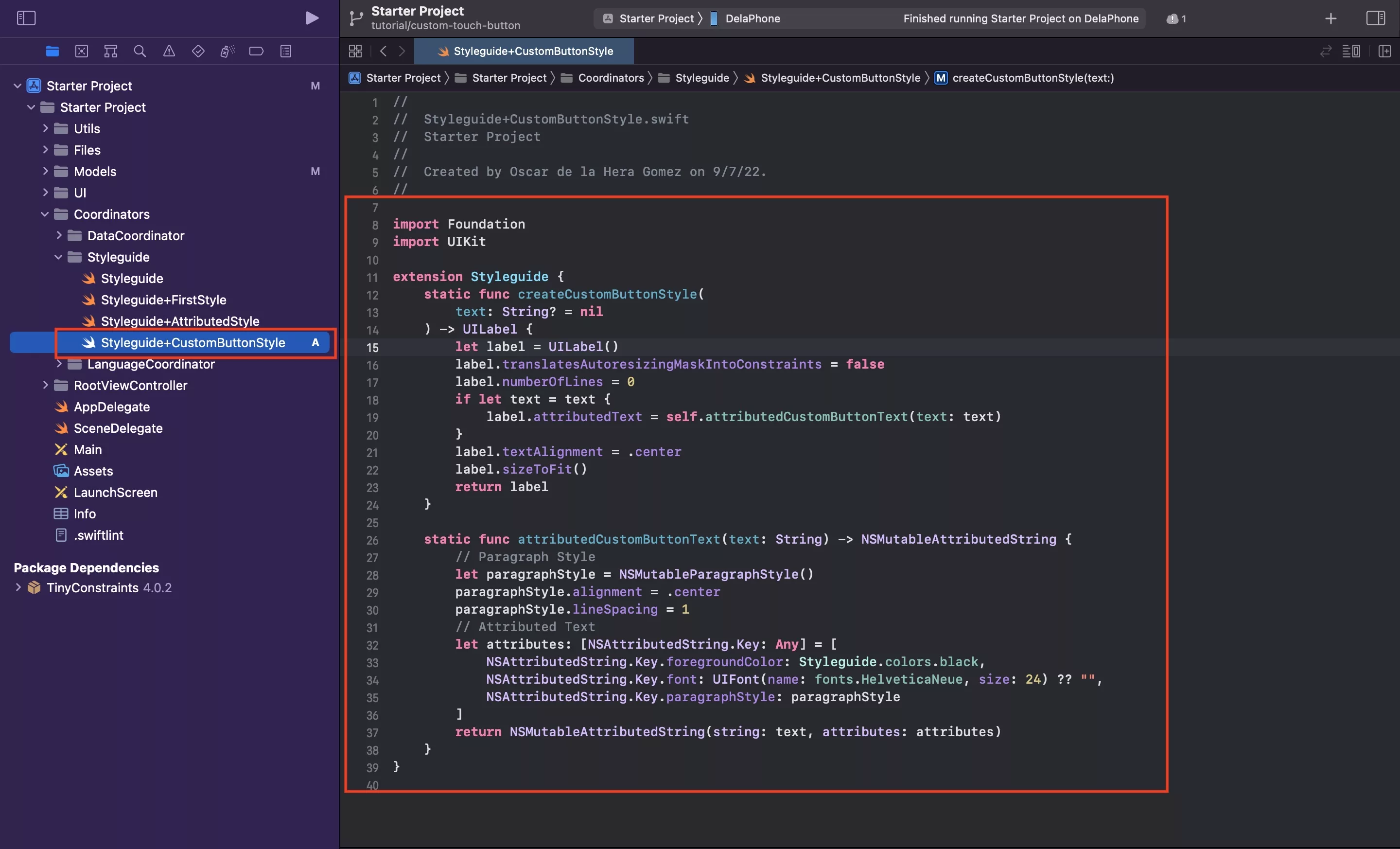 A screenshot of Xcode showing how we created the Custom Button Style within the Styleguide.