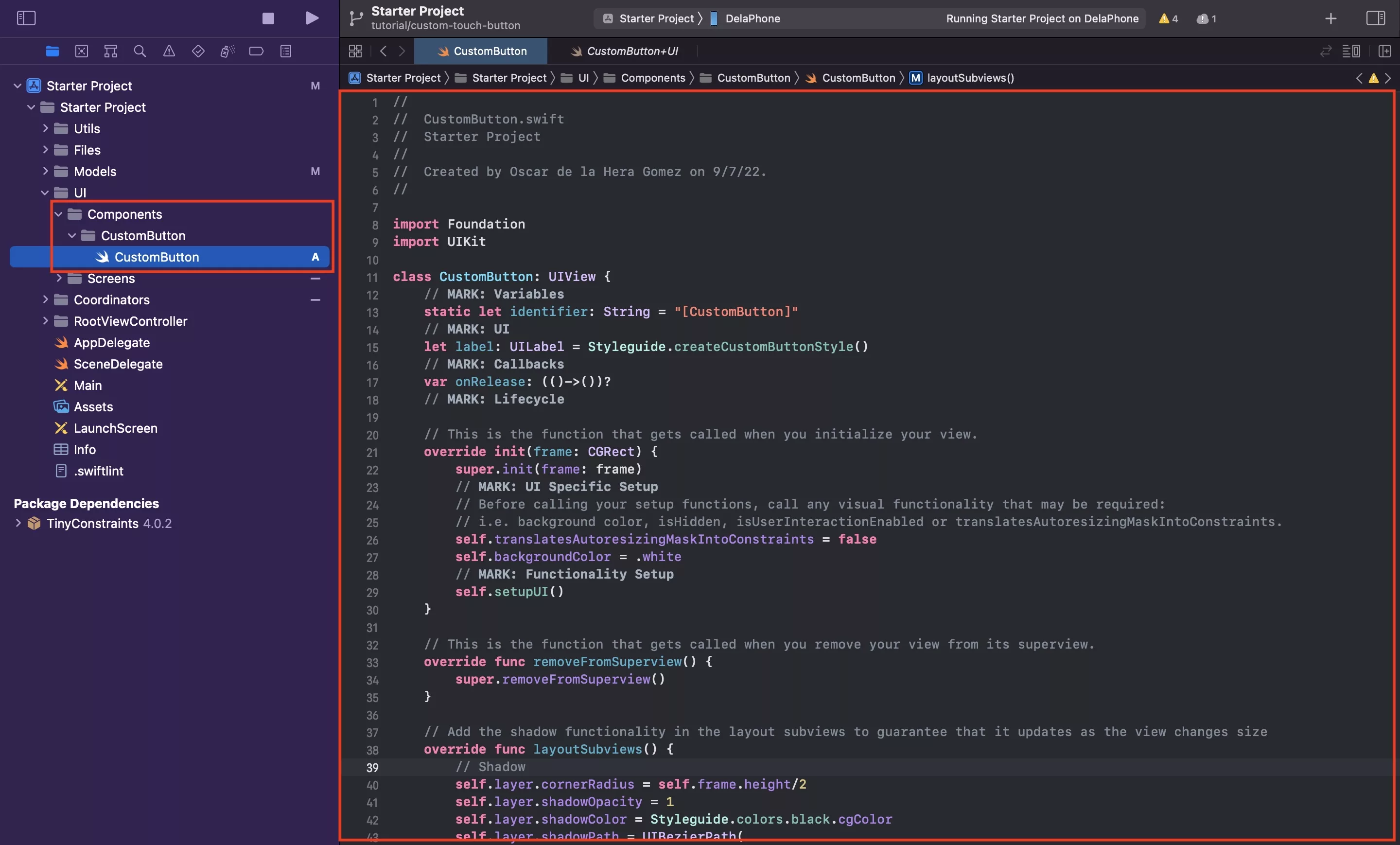 A screenshot of Xcode with the declaration of our Custom Button UIView.