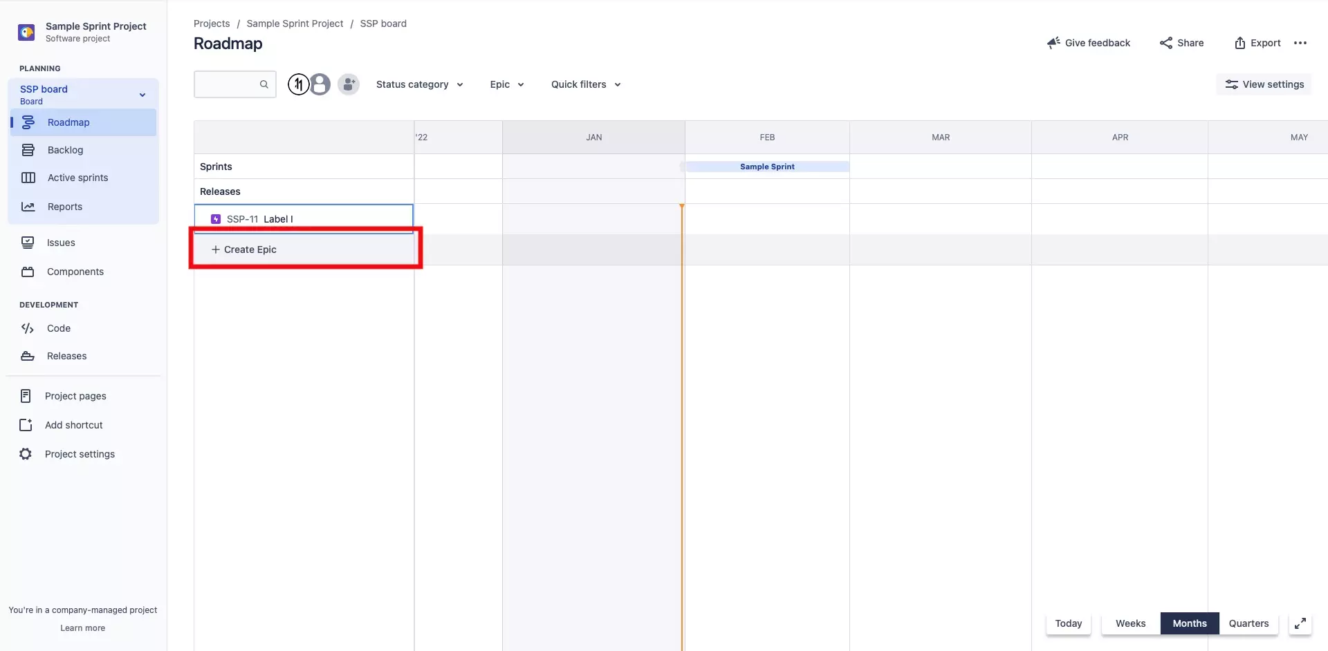 On the JIRA Roadmap screen, if you want to create a new epic, you can press the "+ Create Epic" button that is found below the epics that already exist.