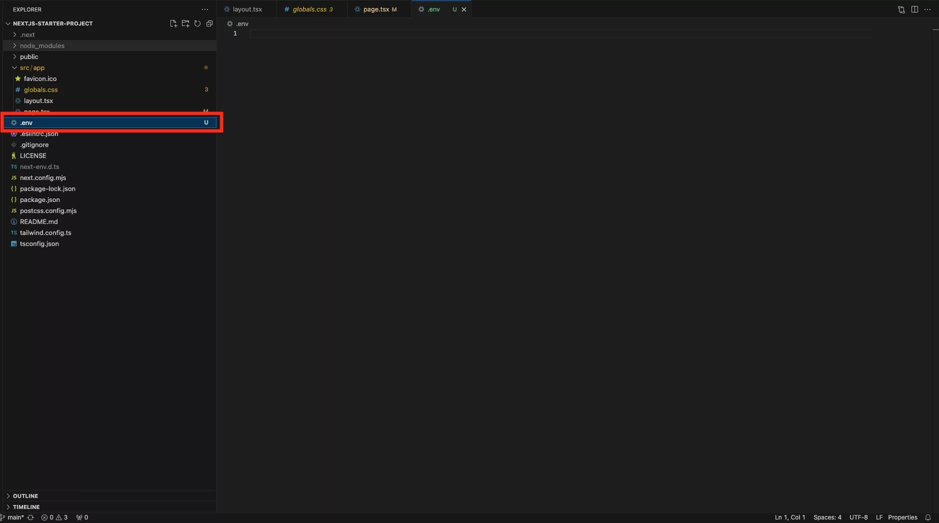 A screenshot of VSCode showing a newly created .env file.