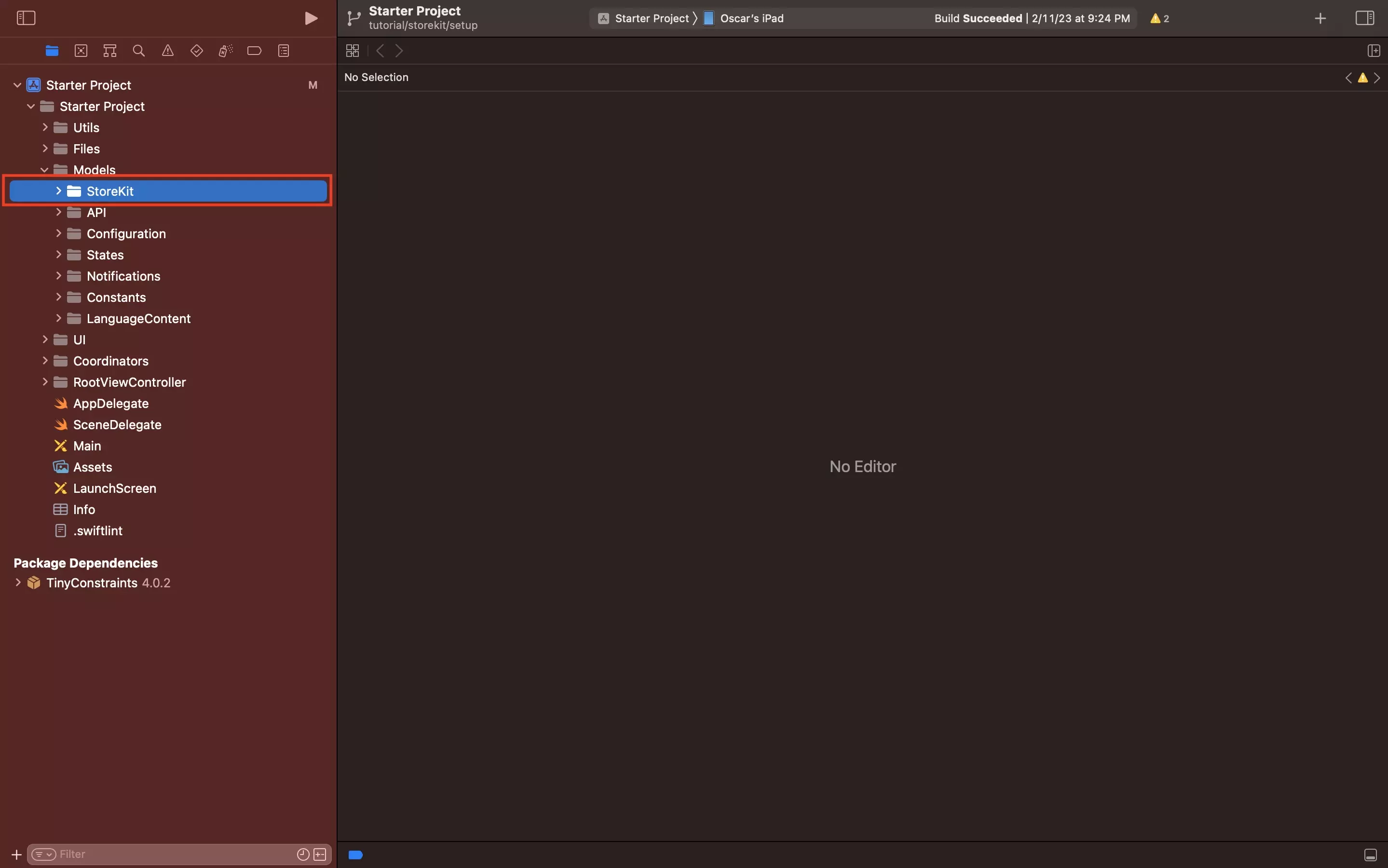 A screenshot of Xcode showing the StoreKit folder under Models.