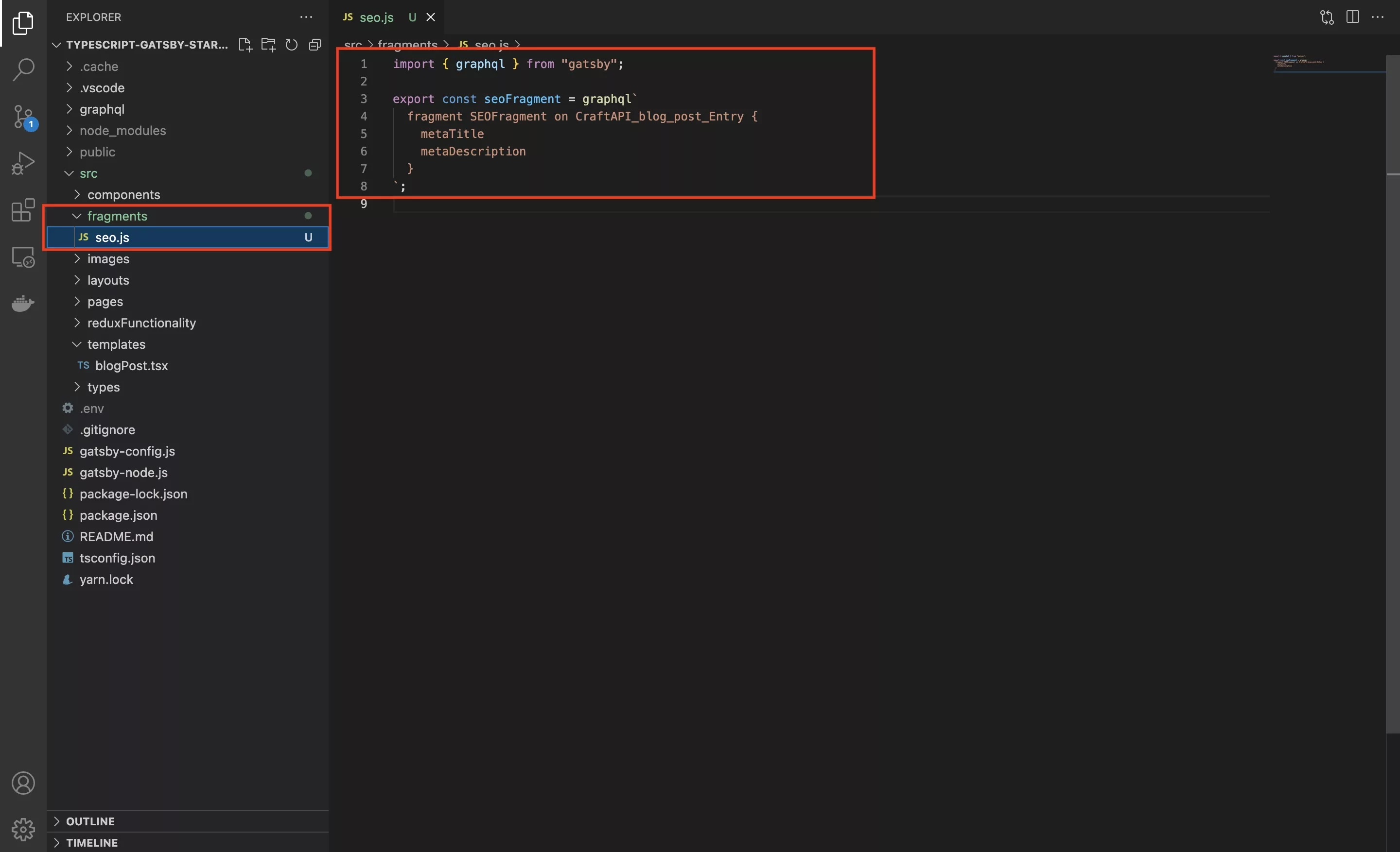 A screenshot of VSCode showing our GraphQL fragment and its location in the directory.