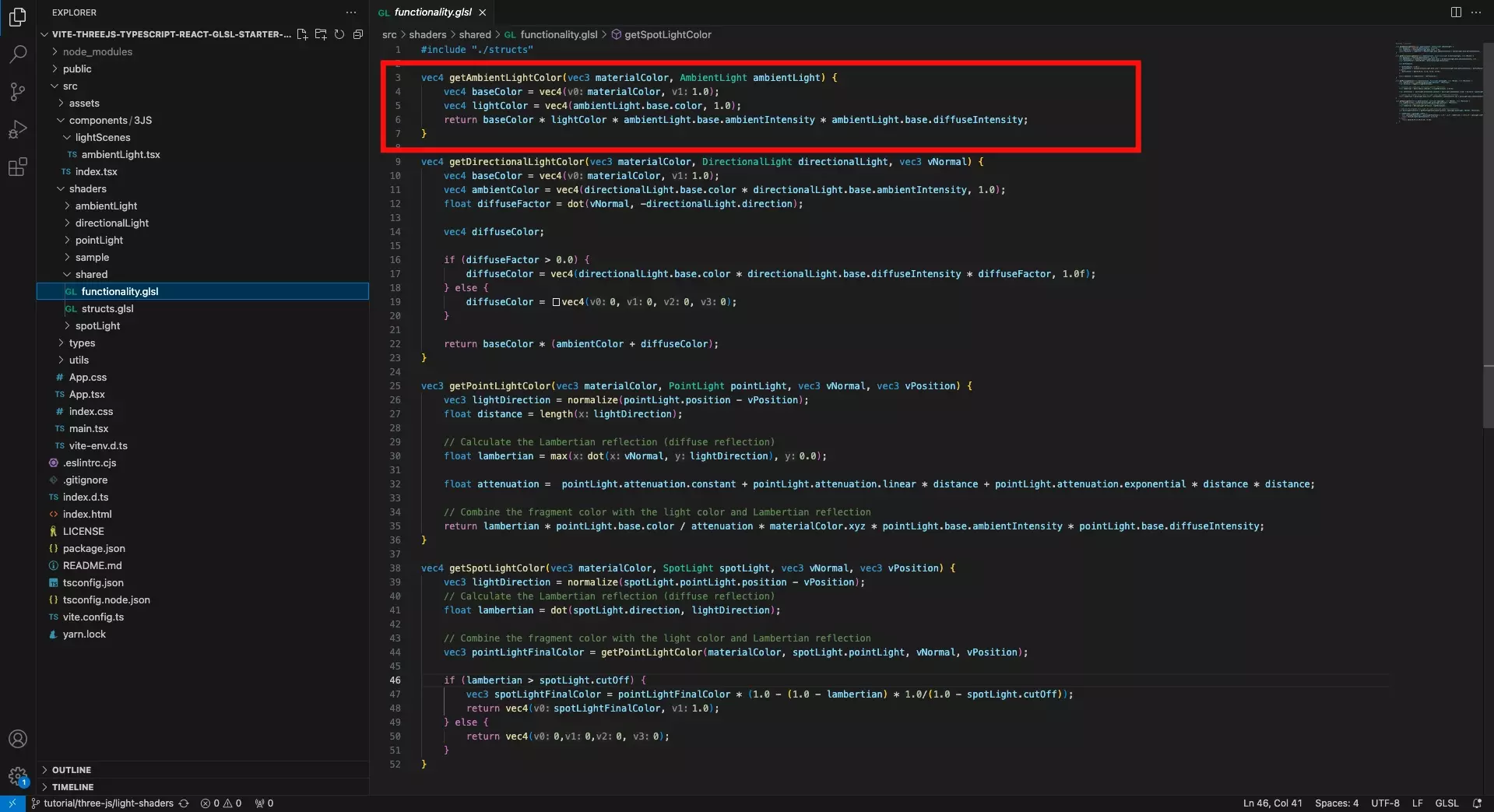 A screenshot of VSCode showing the ambient light functionality.