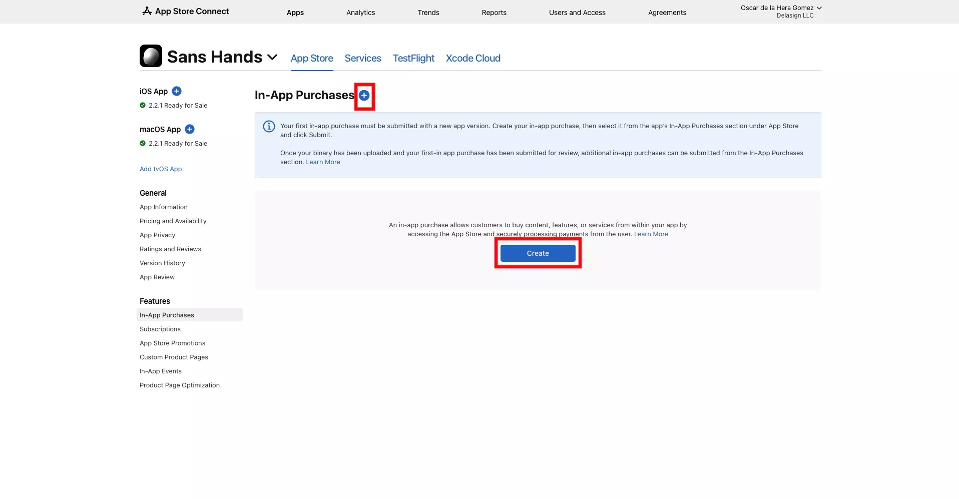 A screenshot of the In-App Purchases page for Sans Hands. Highlighted is the "+" button and the "Create" button which allow you to create new in-app purchases. Press either of these and continue to the next step.