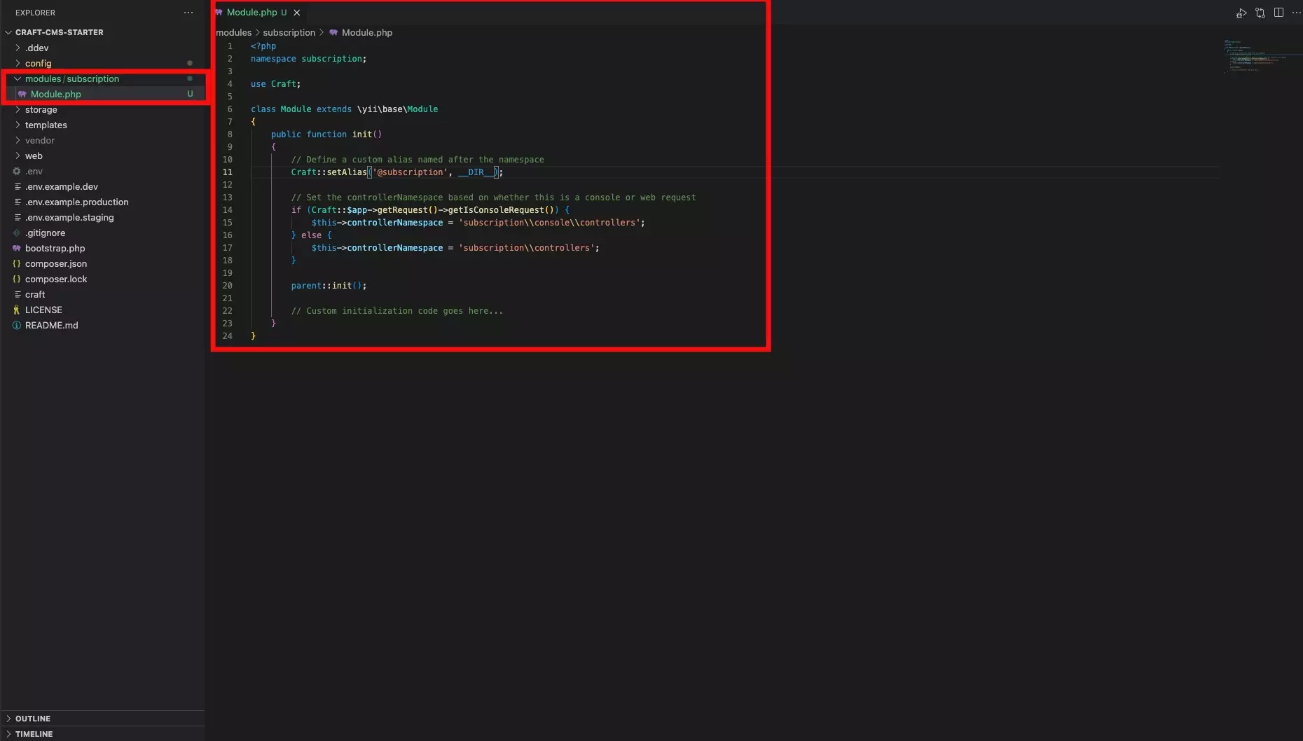 A screenshot of VSCode with our Module and module folder structure.