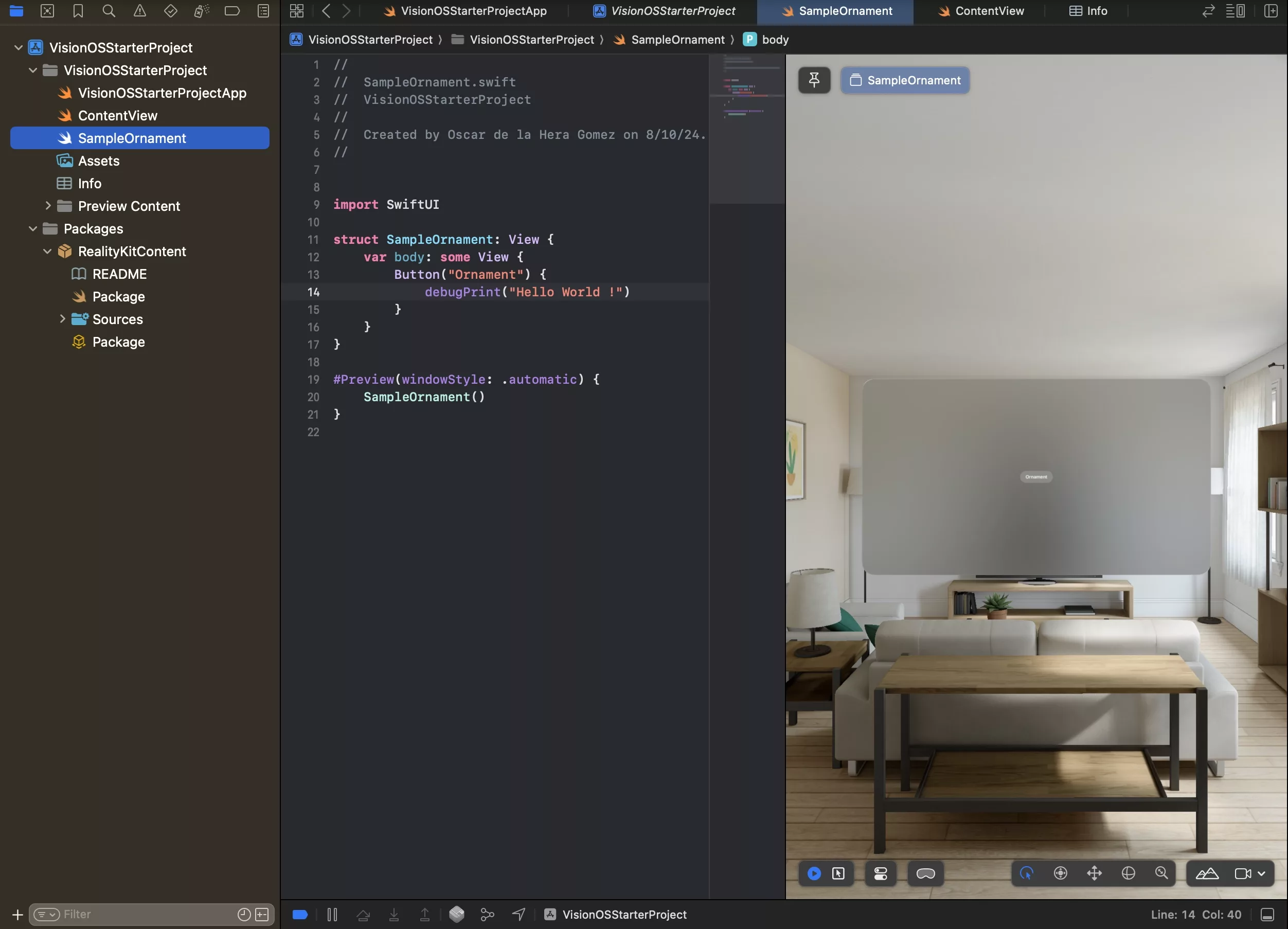 A screenshot of Xcode showing a SwiftUI view for an ornament.