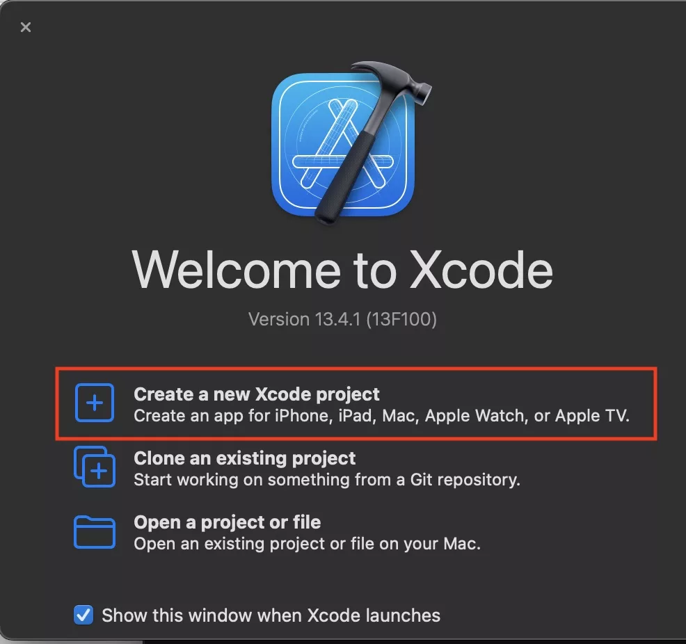 In the modal that appears, select create new Xcode project.