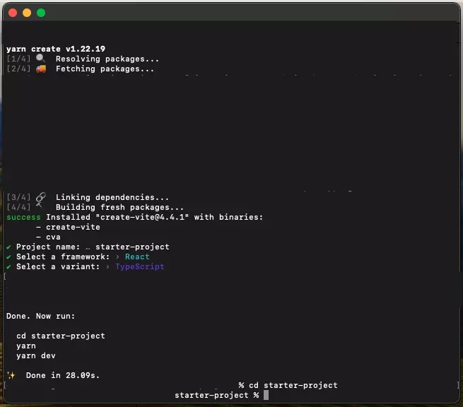 A screenshot of Terminal showing how to setup a React &amp; Typescript, ViteJS project.