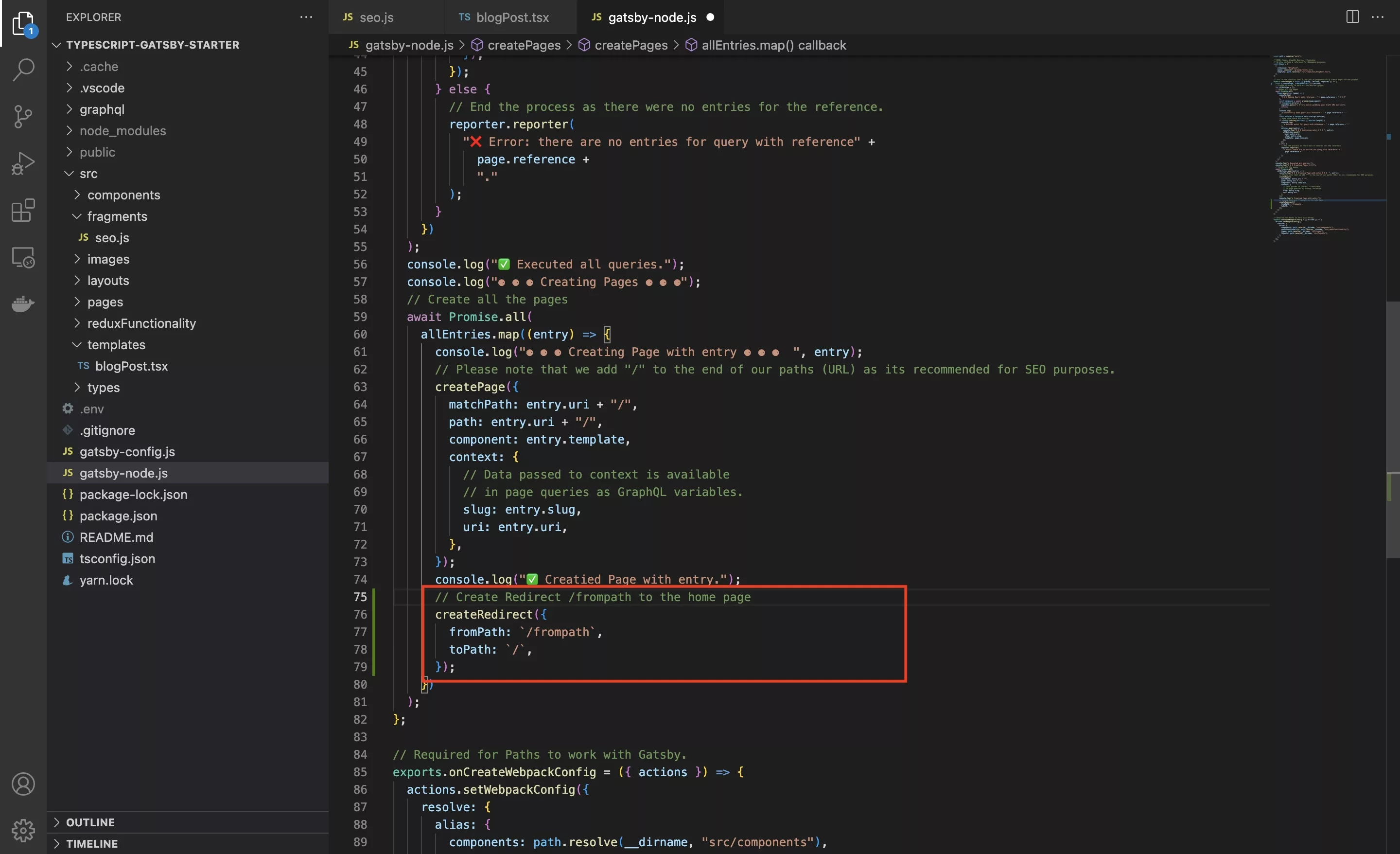 A screenshot of VSCode showing you how to create a redirect within the createPages function of the gatsby-node.js script.