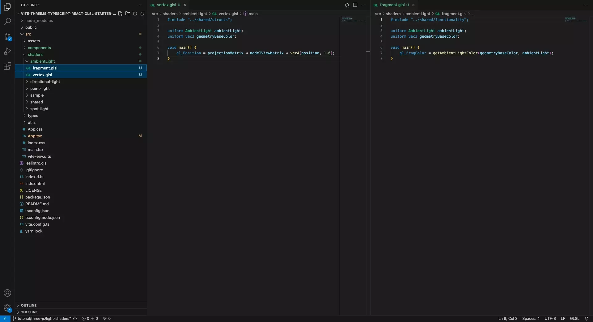 A screenshot of VSCode showing the vertex and fragment shader for the Ambient Light.