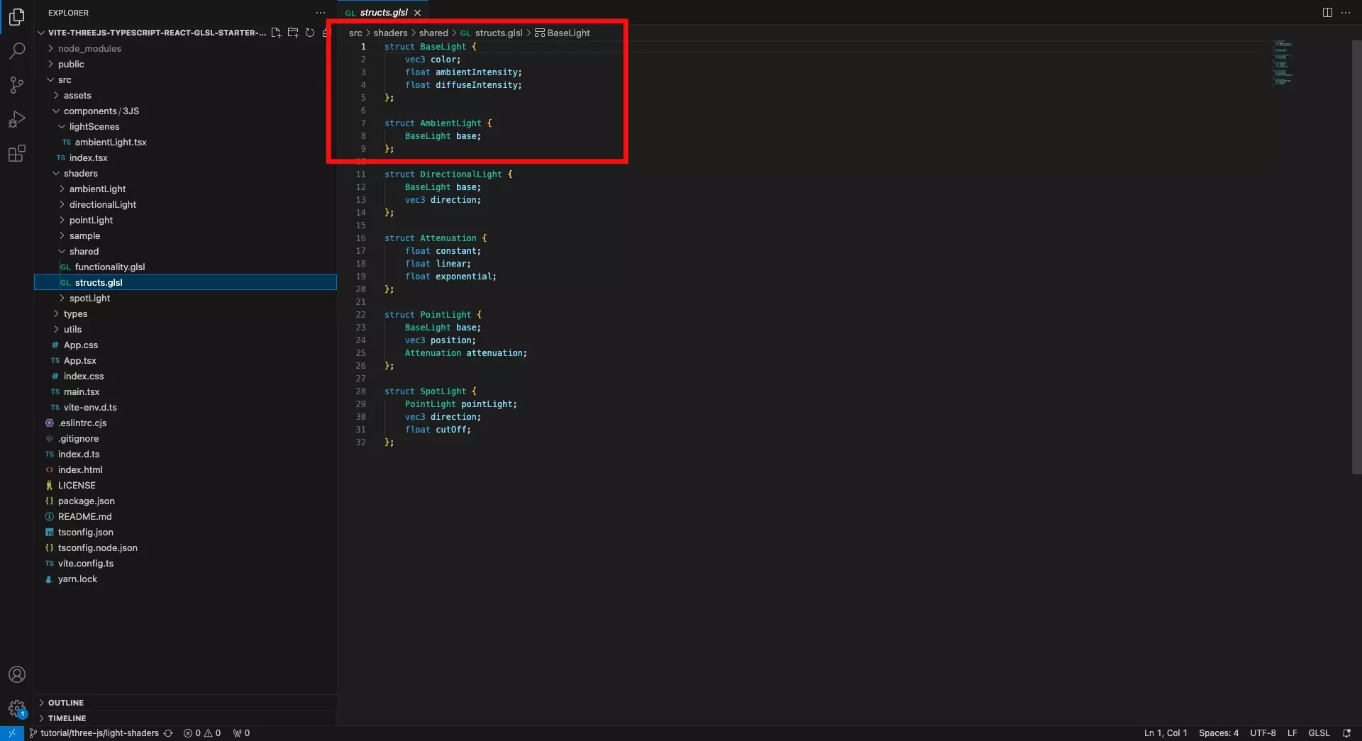 A screenshot of VSCode showing the structs for the AmbientLight and BaseLight. Code available below.