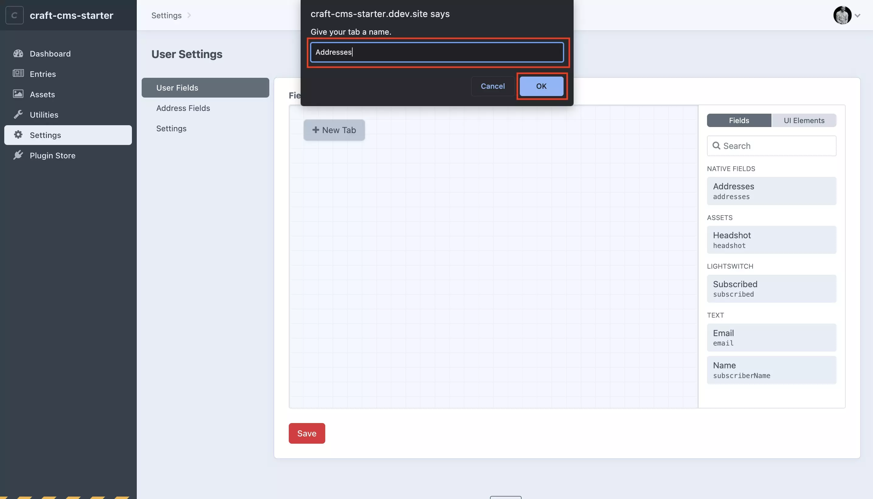 A screenshot of Craft CMS showing the alert that appears when you select + New Tab. Give your tab a name and press the OK button on the bottom right of the alert to create a new tab.