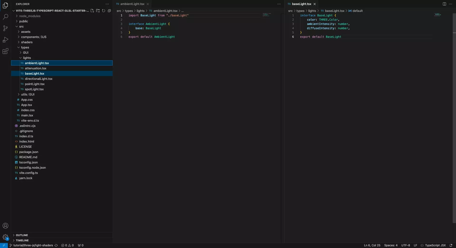 A screenshot of VSCode showing the Typescript types for the BaseLight and the AmbientLight. Code available below.