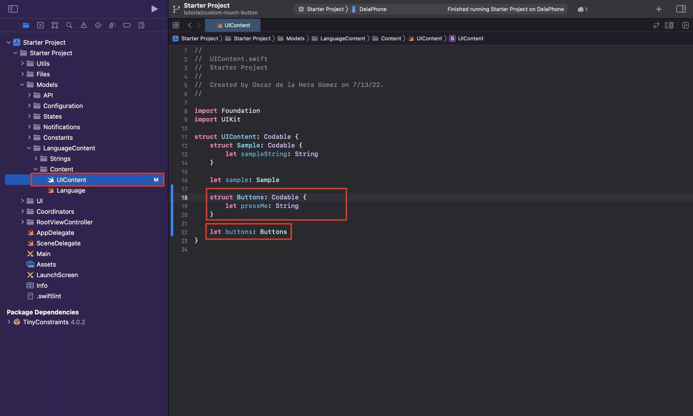 A screenshot of Xcode showing how we added a struct to our UIContent.swift file for the button.