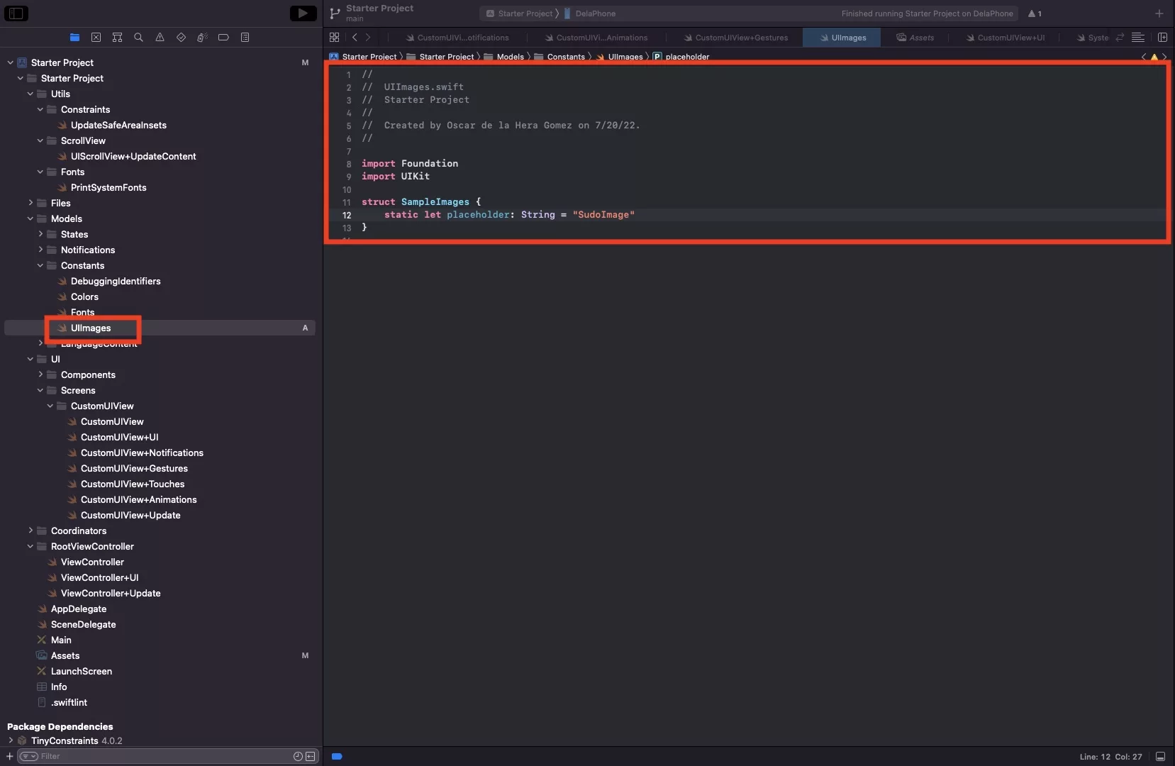 A screenshot showing you how we created a struct and static constant that references the image that we created.