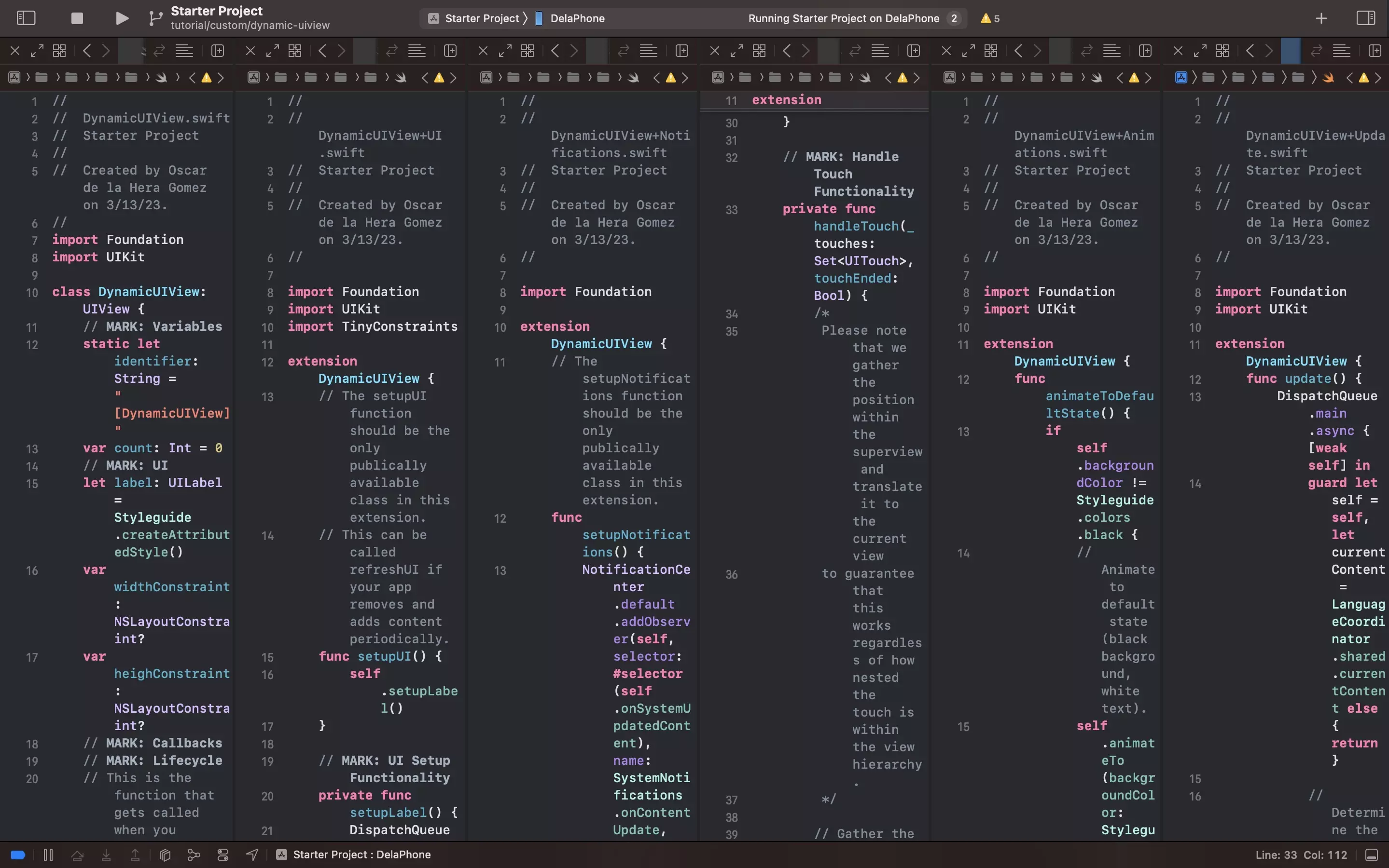 A screenshot of Xcode showing the 6 files that we create in this step side by side.