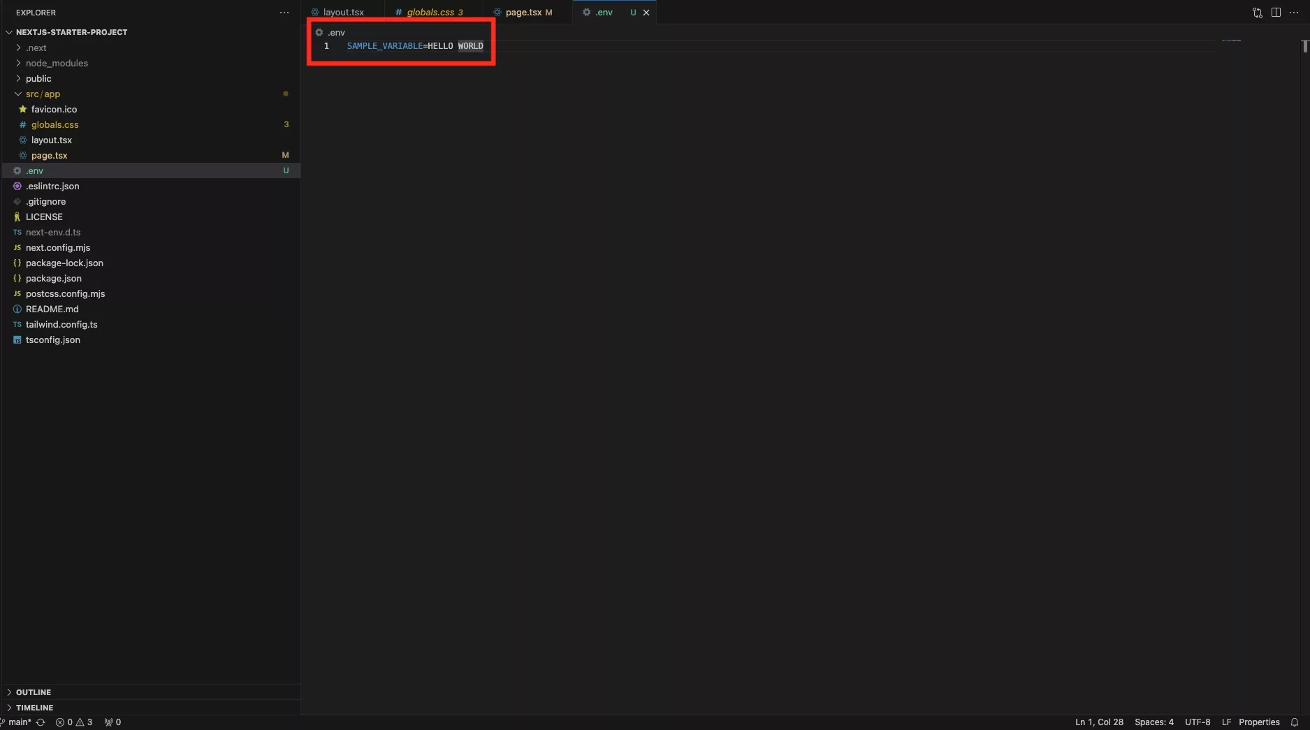 A screenshot of VSCode .env file with a "SAMPLE_VARIABLE" environment variable. The variable is defined to equal "Hello World."