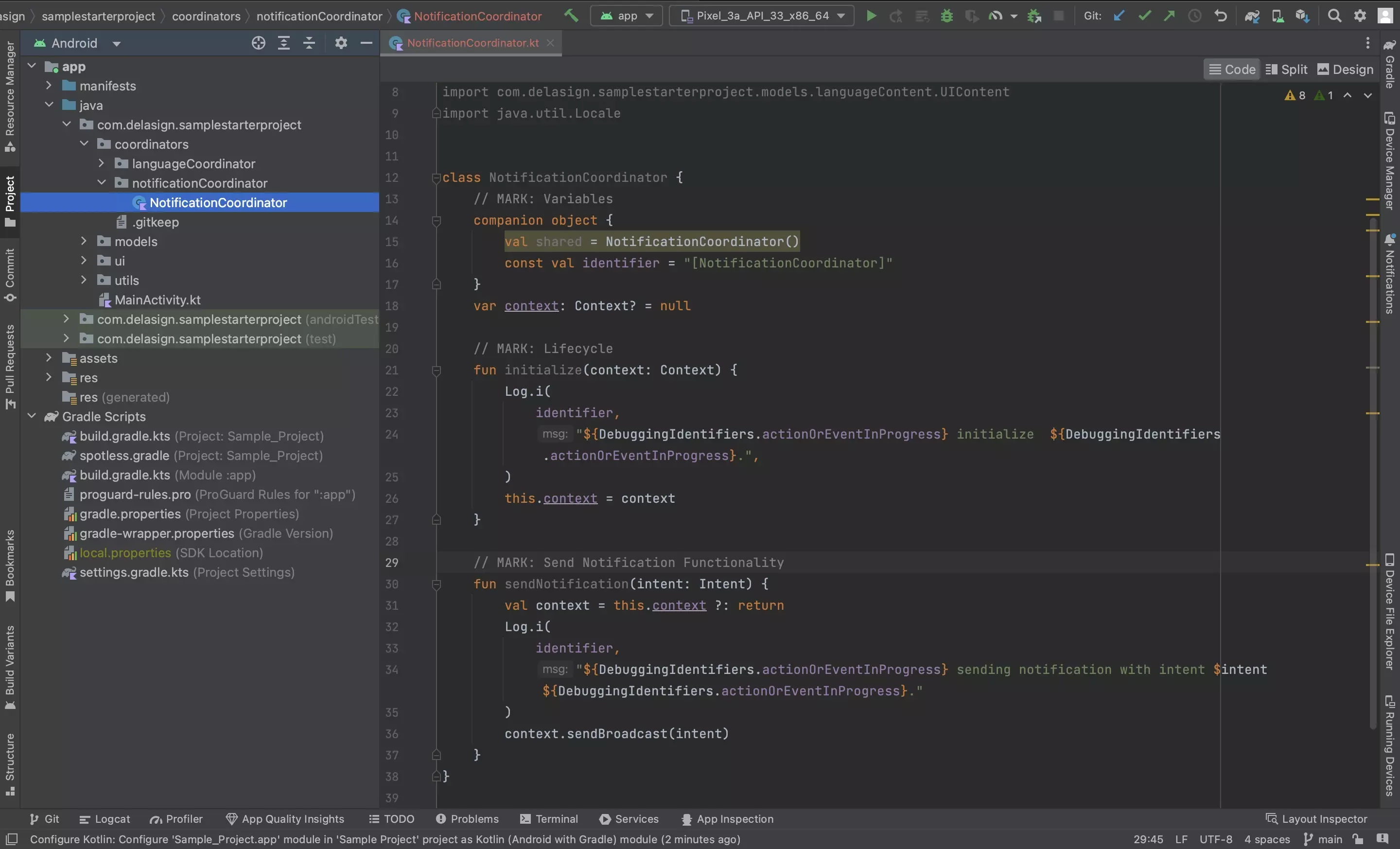 A screenshot of Android Studio showing the NotificationCoordinator.kt file. Code available below.