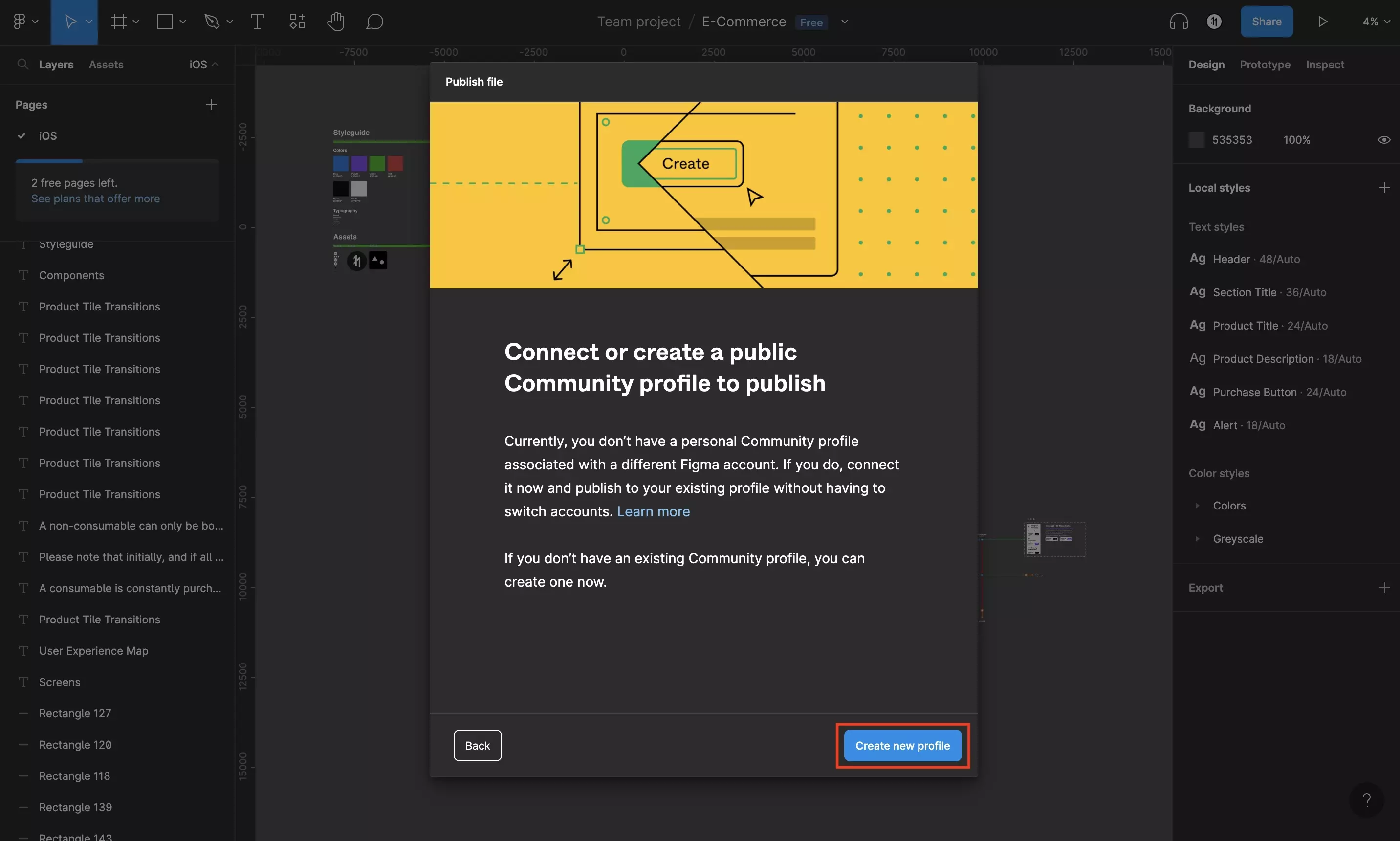 A screenshot of the modal that appears if you have not created a Figma profile. Highlighted on the bottom right is the Create a new profile button.