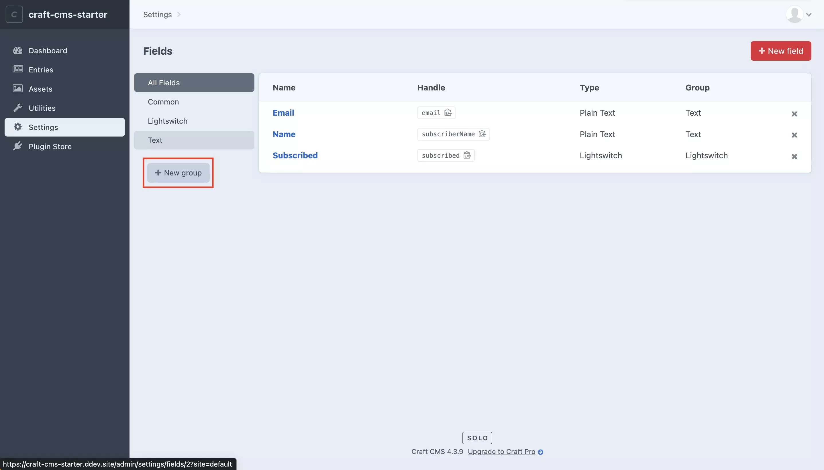 A screenshot of the Craft CMS fields page, with a highlight on the New Group button. Press it and move onto the next part of this step.