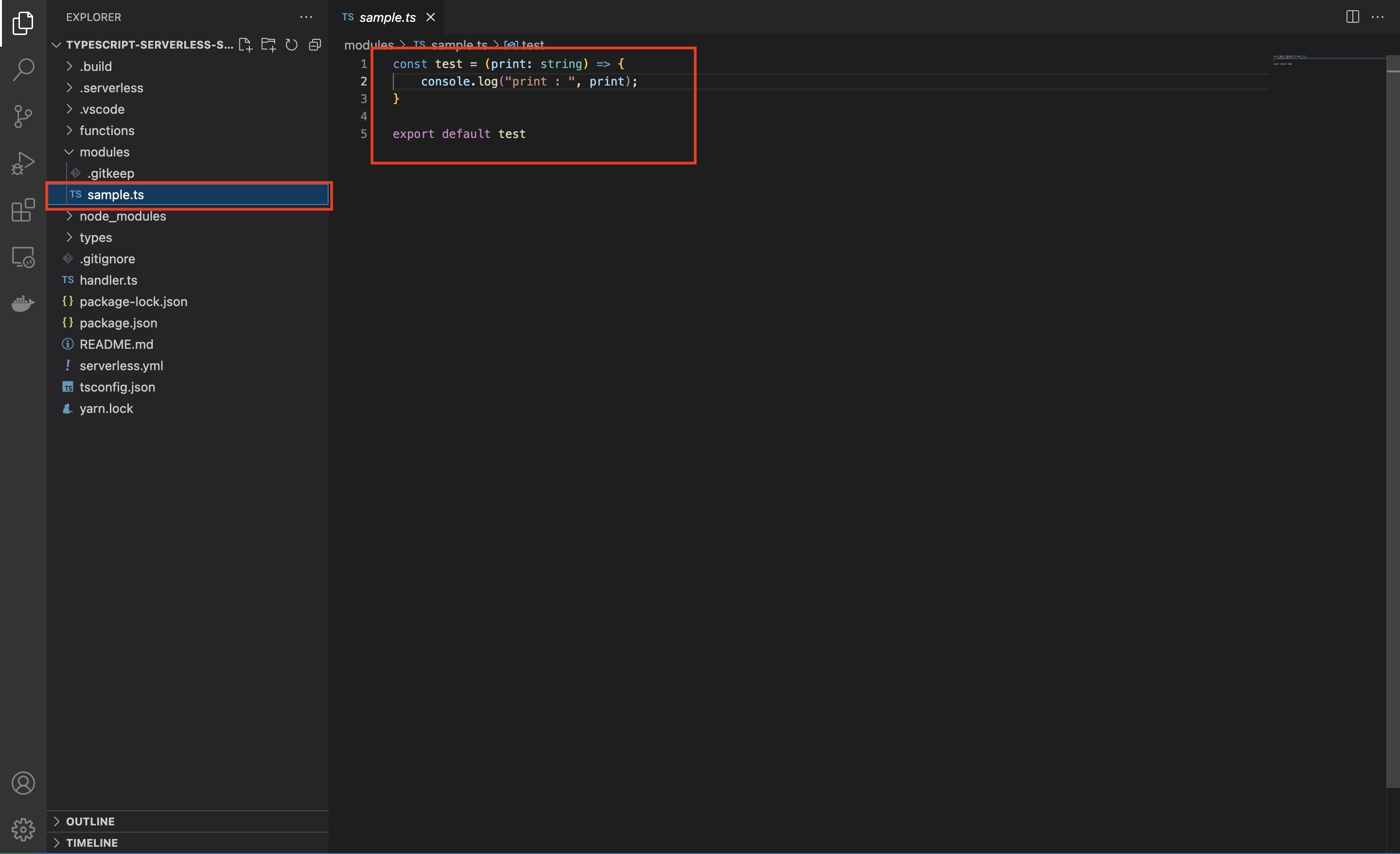 A screenshot of VSCode showing the sample.ts file with the test function that we created that logs "sample" to the console.