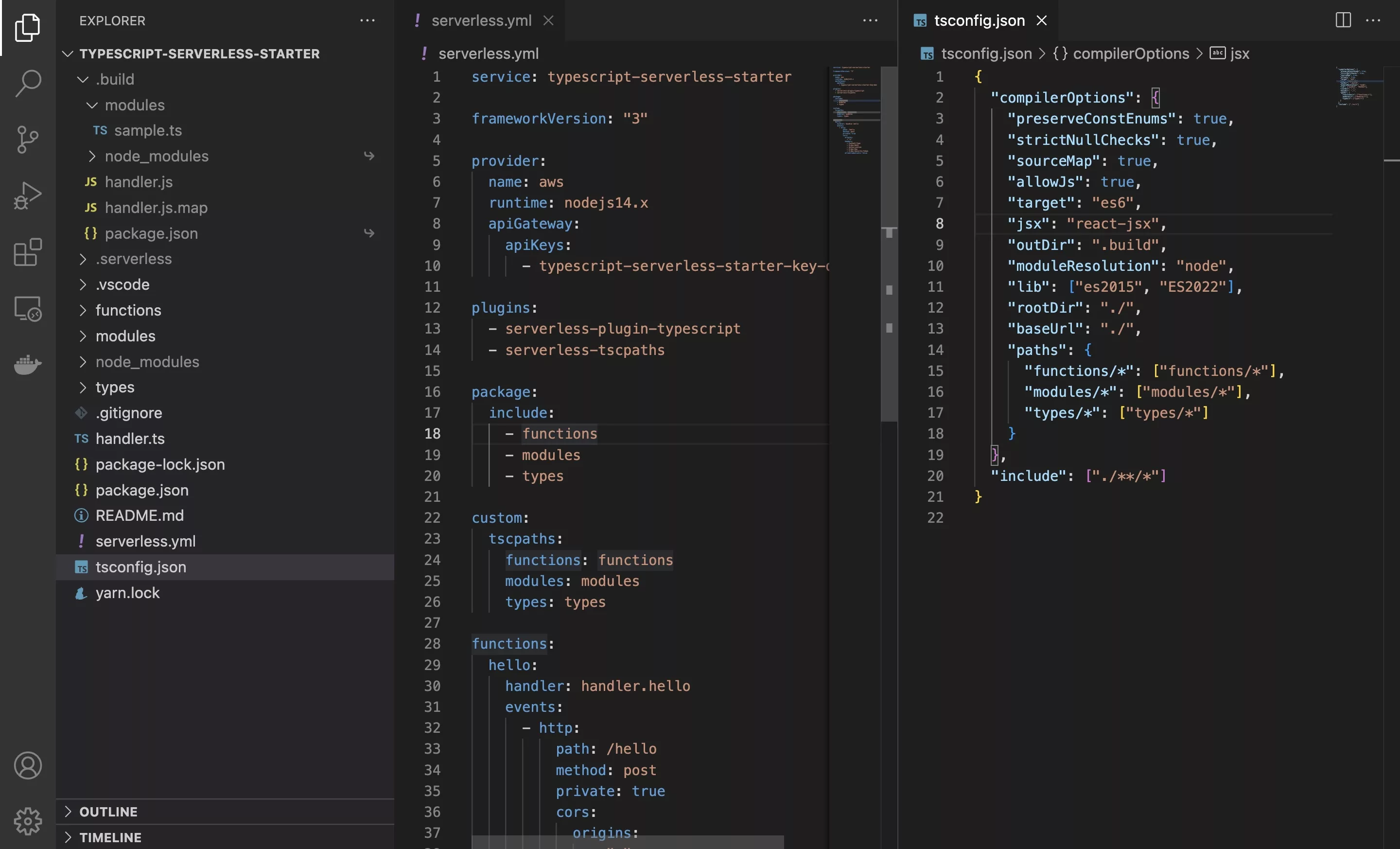 A screenshot of VSCode showing the serverless.yml and tsconfig.json with the modifications we made for the alias's. Steps described below.
