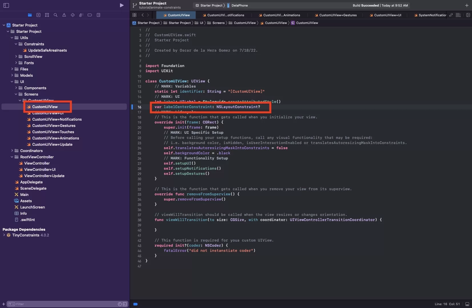 A screenshot showing you how to create an NSLayoutConstraint for the label.