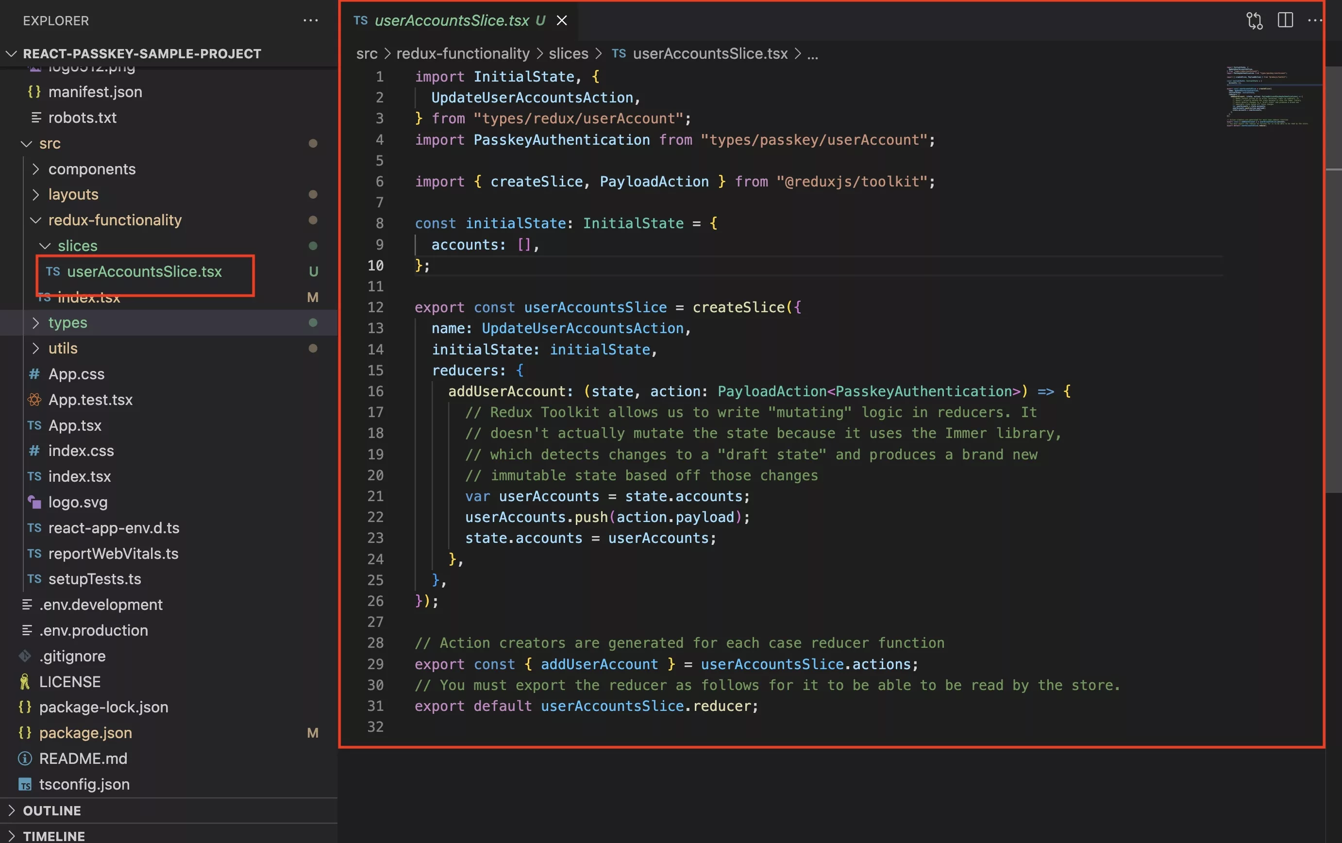 A screenshot showing you the code of the updated redux slice.