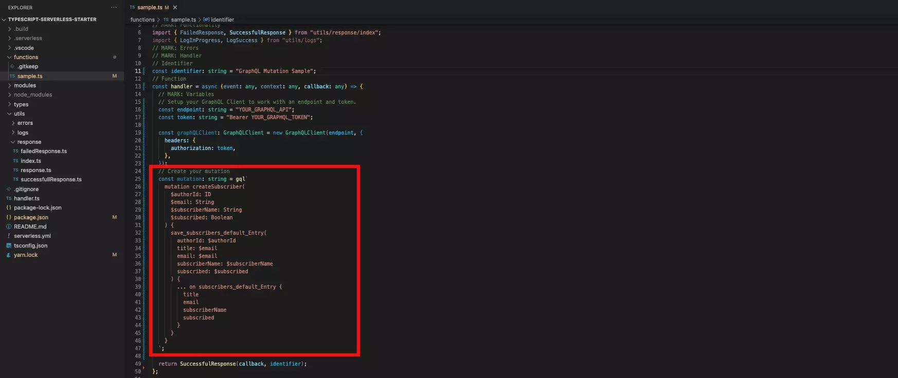 A screenshot of VSCode showing the code up to this stage, with a highlight on the mutation.