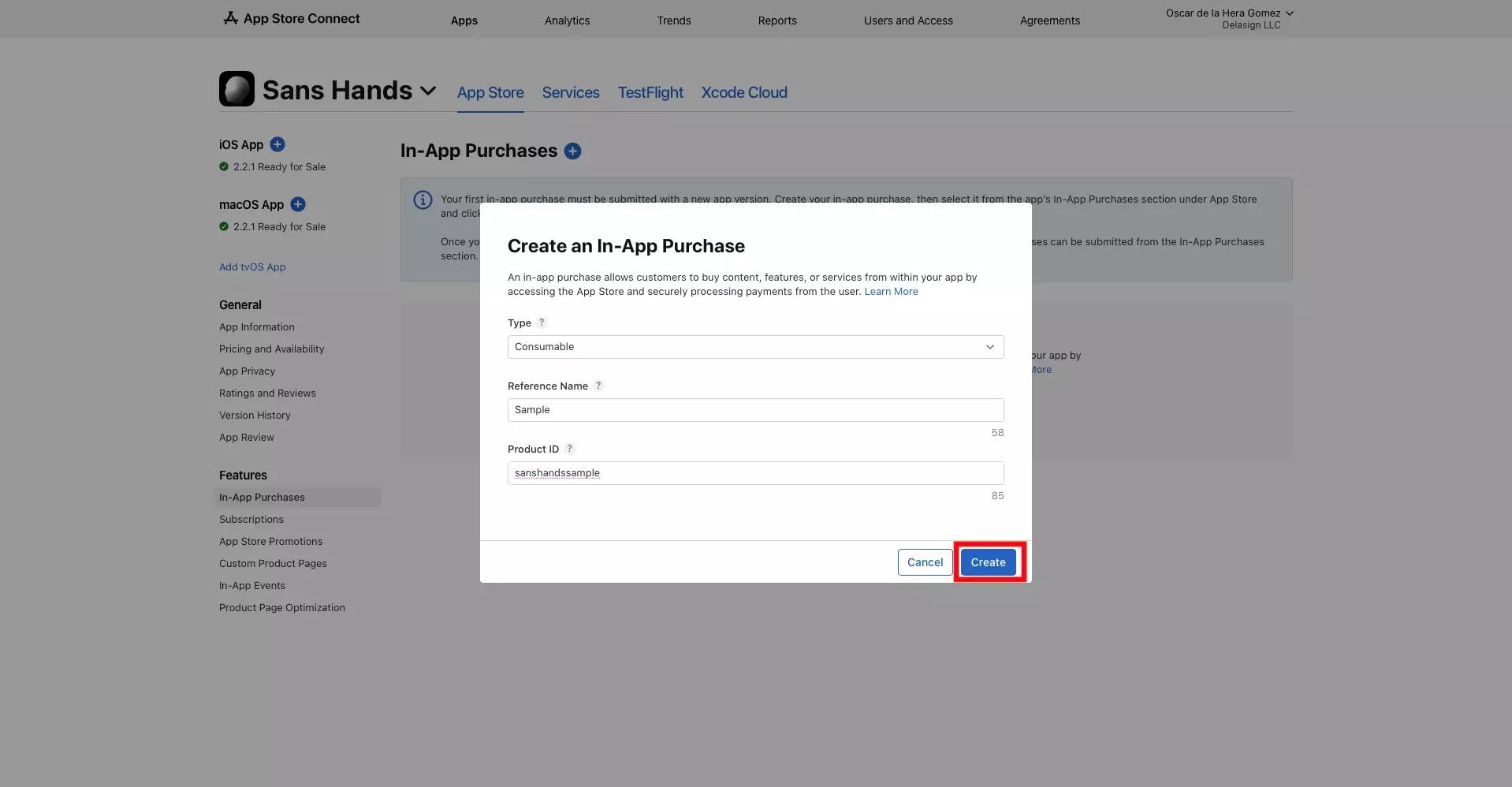 A screenshot of the In-App Purchase creation modal with a highlight on the "Create" button on the bottom right. Press it and move onto the next step.