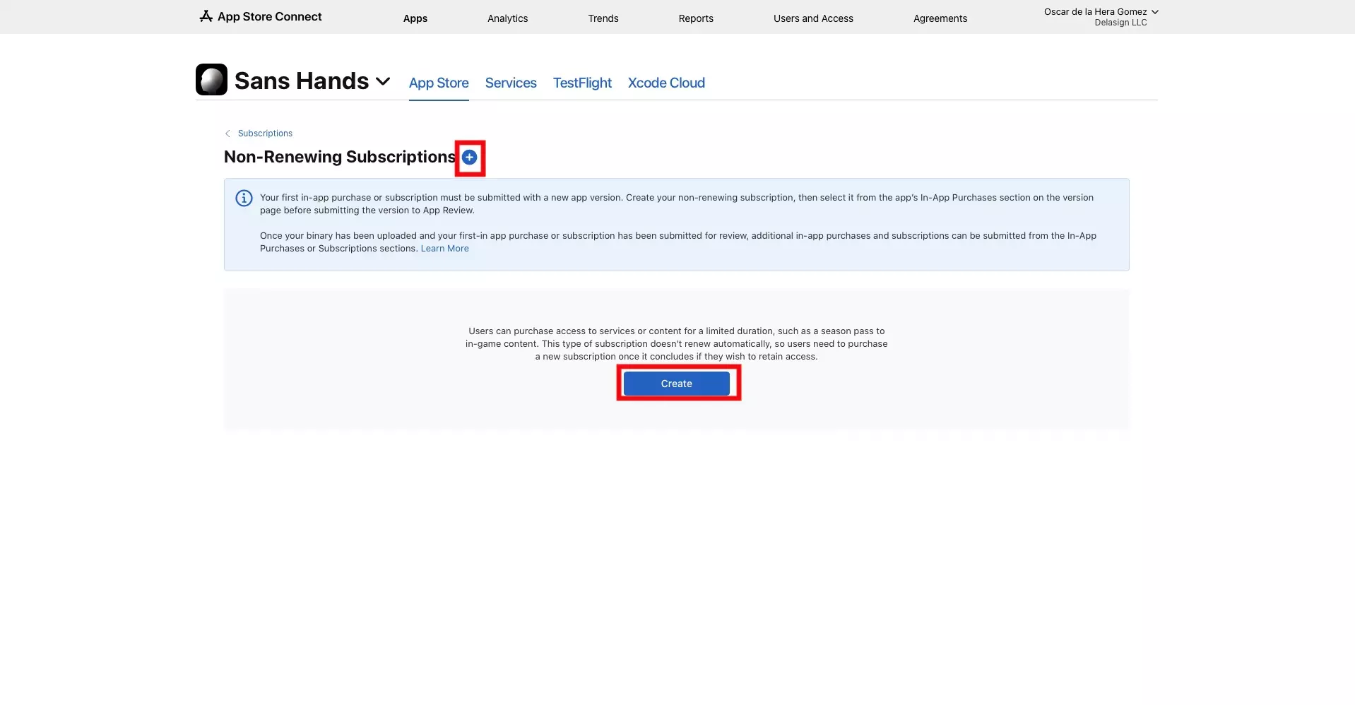 A screenshot of the App Store Connect Non-Renewing Subscriptions page with a highlight on the + button next to the Non-Renewing Subscriptions title. We have also highlighted the Create button beneath the title, which only appears if you have not created a non-renewing subscription beforehand. Either of these are clickable and will allow you to create a new non-renewing subscription.