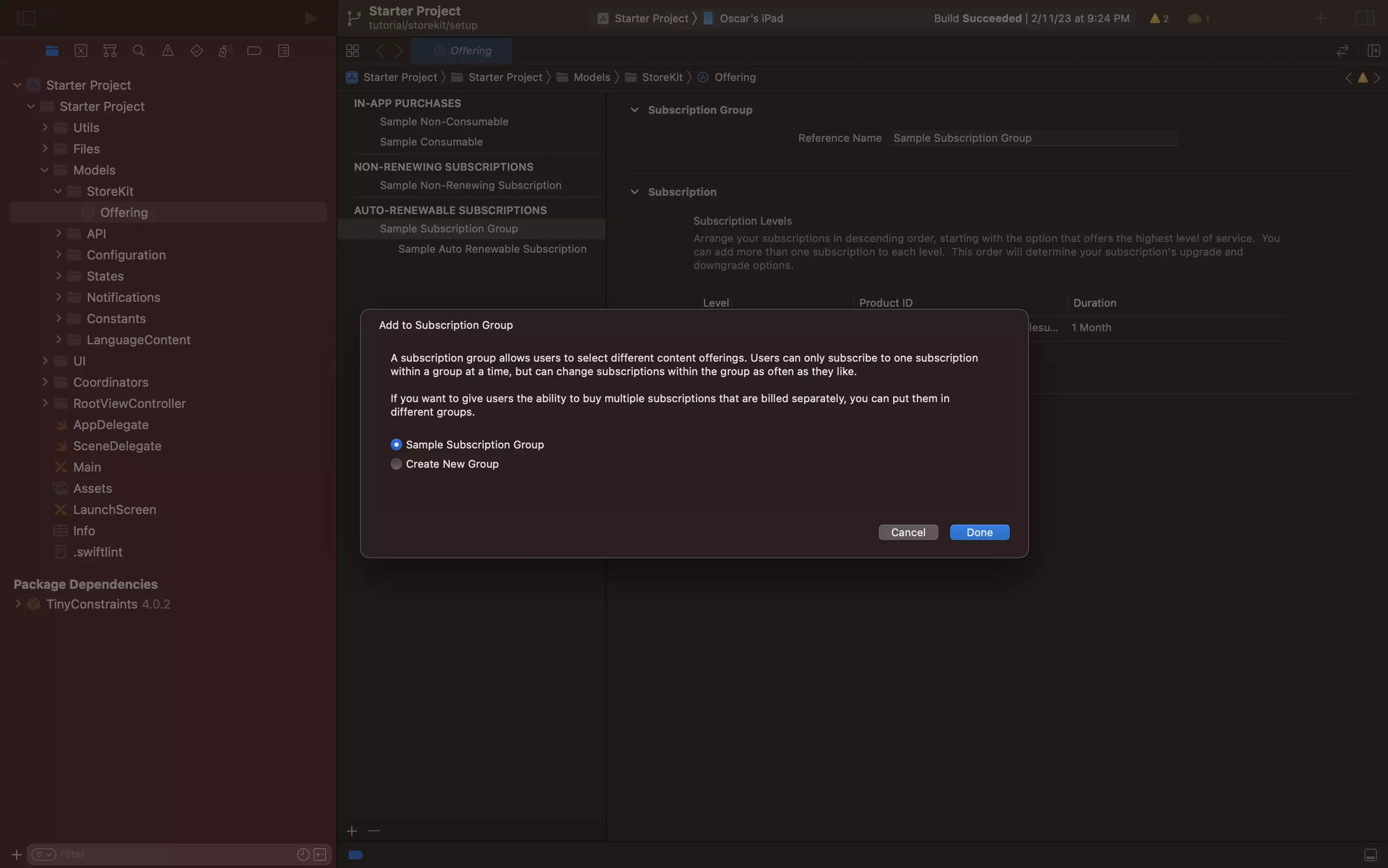 A screenshot of the modal that Xcode shows when trying to create a local auto-rewenable subscription. The screenshot demonstrates that you can either add a new auto-renewable subscription to an existing group, or create a new subscription group to which it will be added.