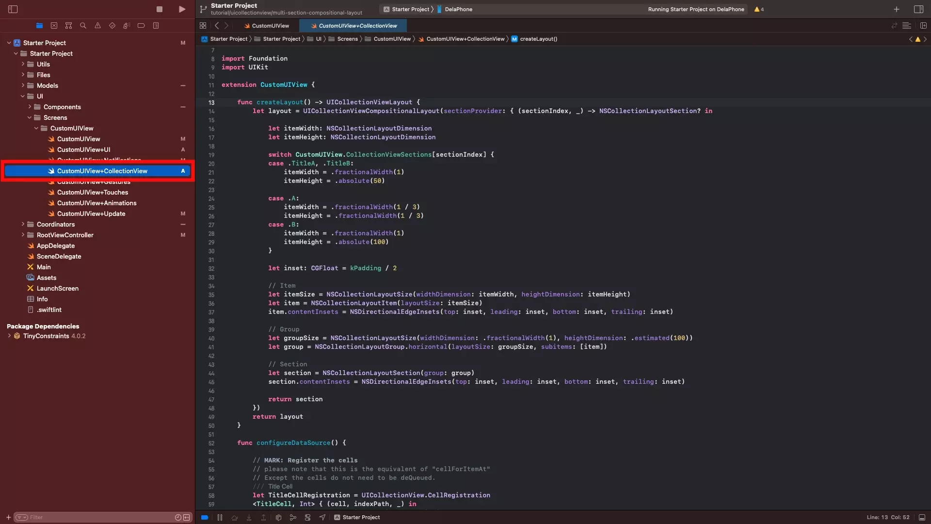 A screenshot of the CustomUIView+CollectionView.swift file.