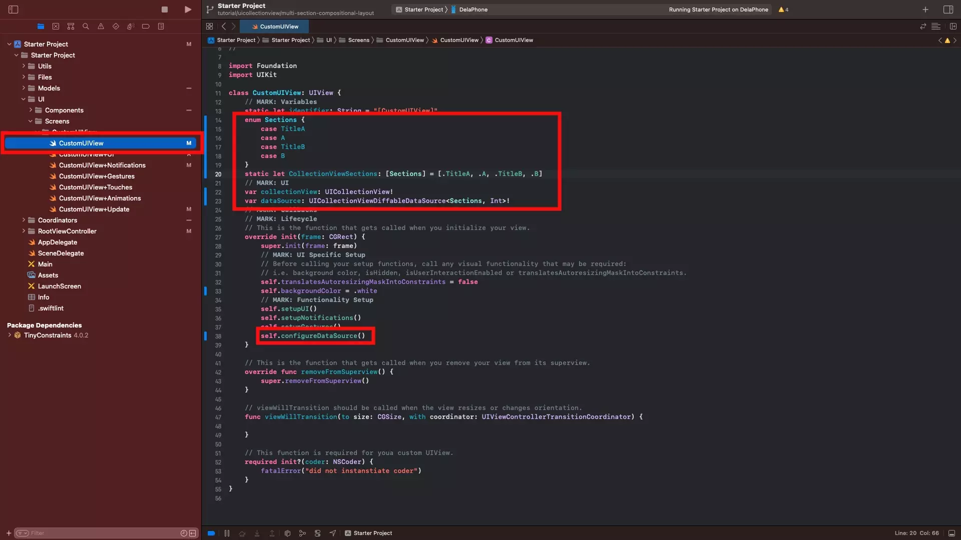 A screenshot of the CustomUIView.swift file. Highlighted are the variables that are described below as well as the configureDataSource function in the initializer.