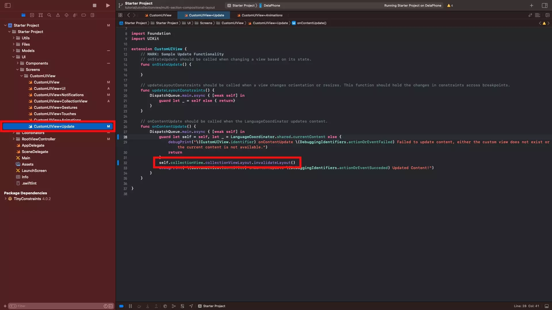 A screenshot of the CustomUIView+Update.swift file. Highlighted is the invalidate layout code that is offered below, which is called when the content updates in the app.