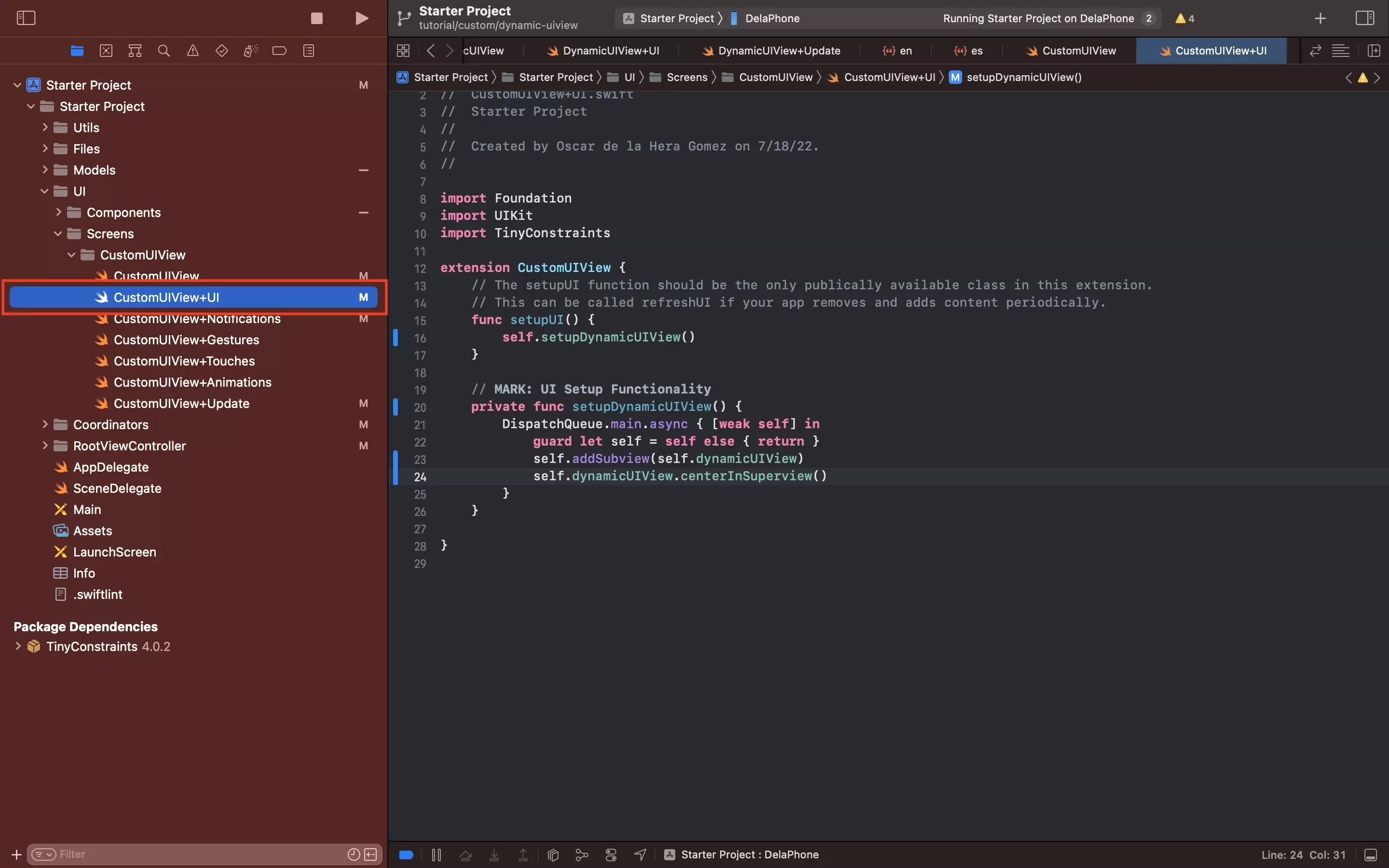 A screenshot of CustomUIView+UI.swift showing how we added the DynamicUIView to the CustomUIView. Code available below.