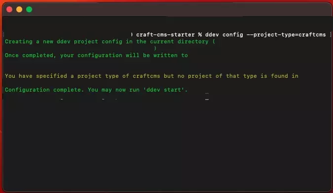 A screenshot of Terminal running DDEV Config.