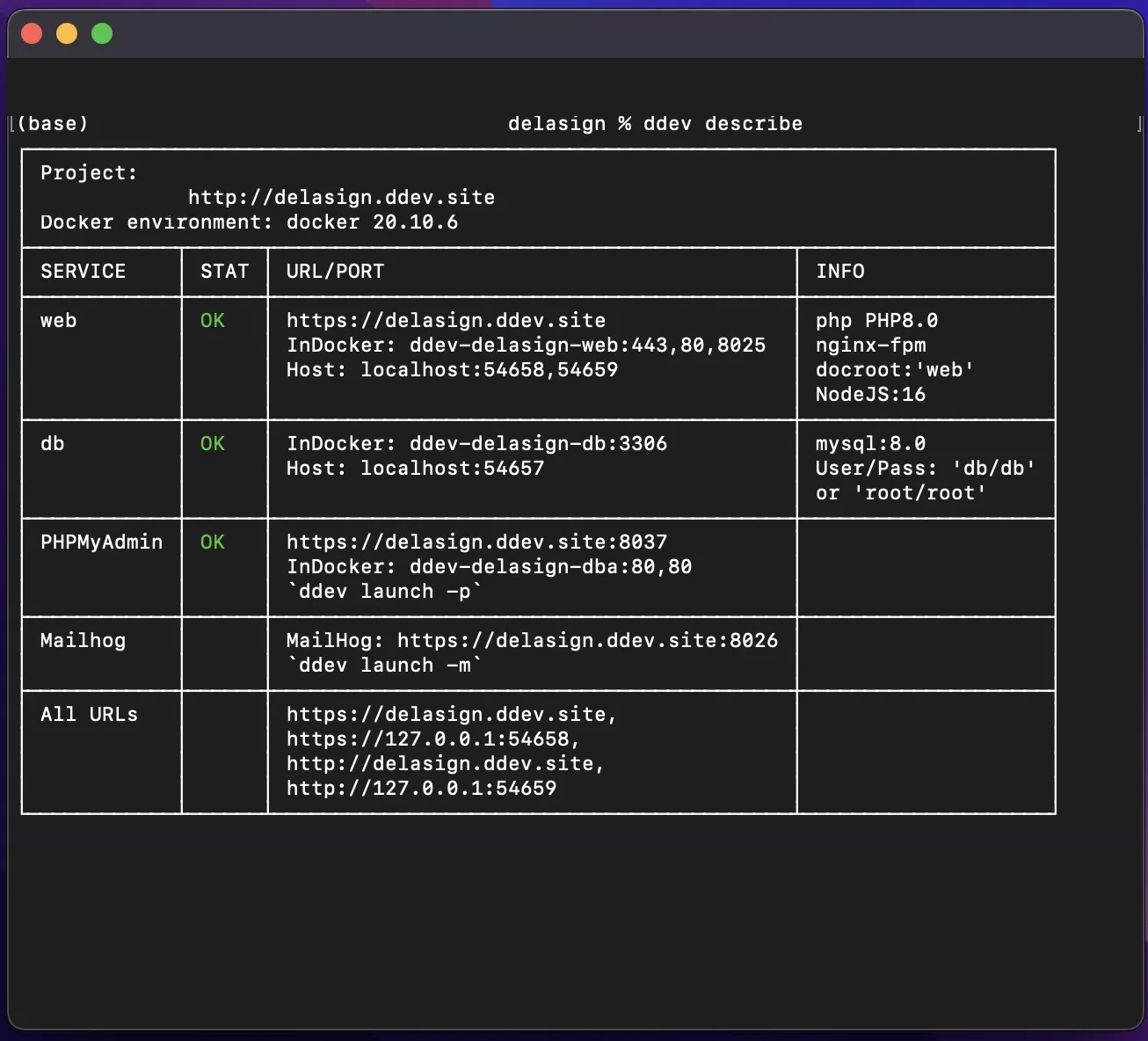 A screenshot of Terminal showing you how to get the details of your DDEV instance. The line is provided below.
