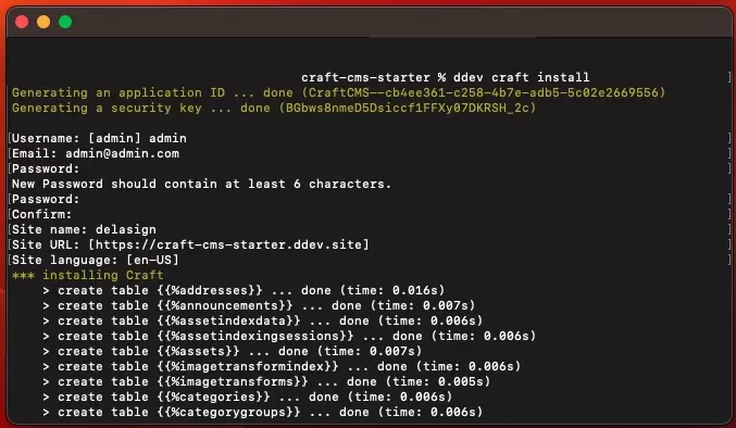 A screenshot of Terminal of the process behind ddev install craft.