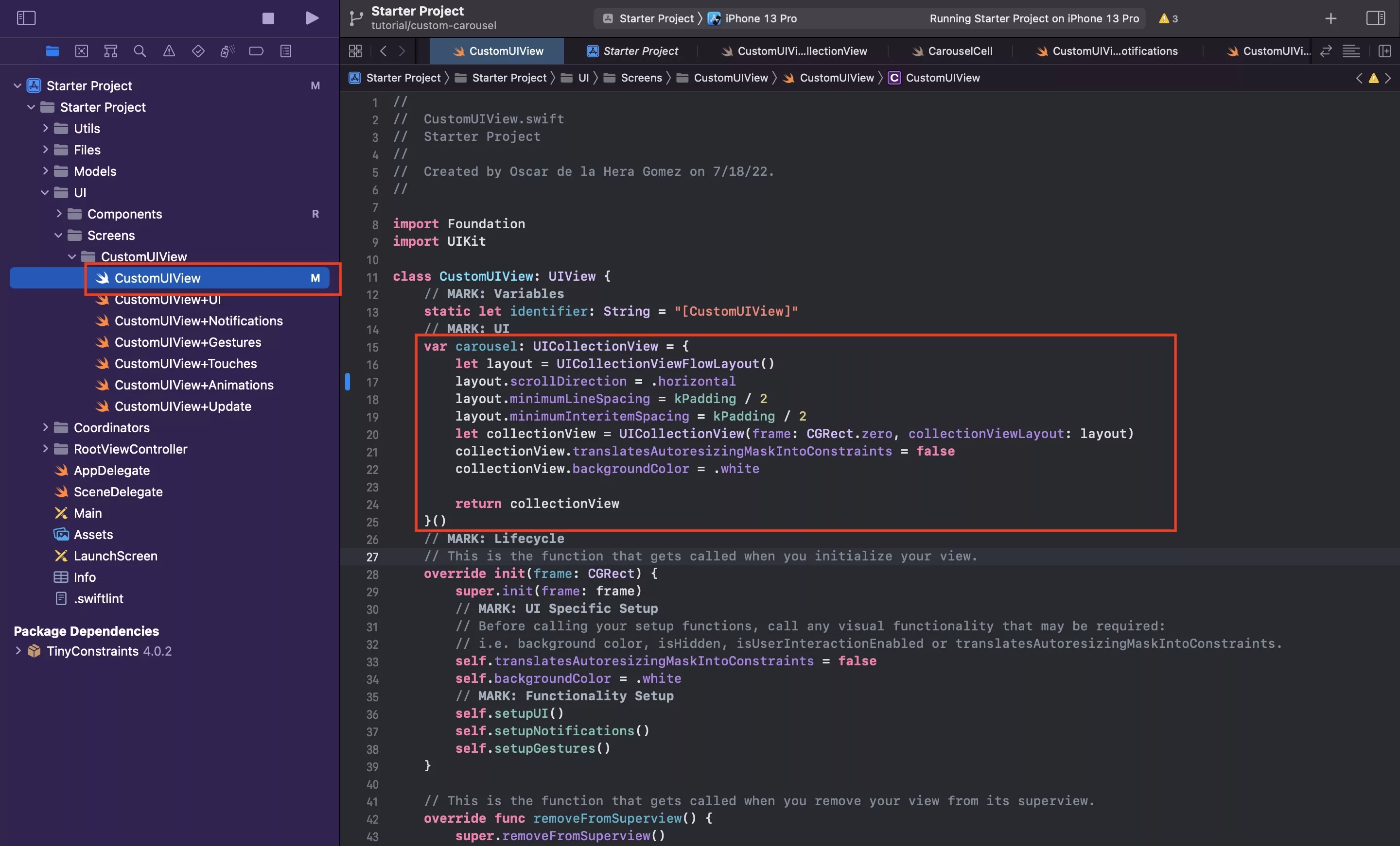 A screenshot showing you how to declare the carousel in Xcode, Swift and iOS.