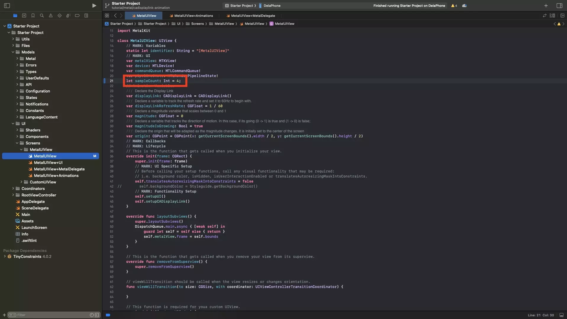 A screenshot of Xcode showing the MetalUIView.swift file. We have highlighted how we have declared a "sampleCount" constant.