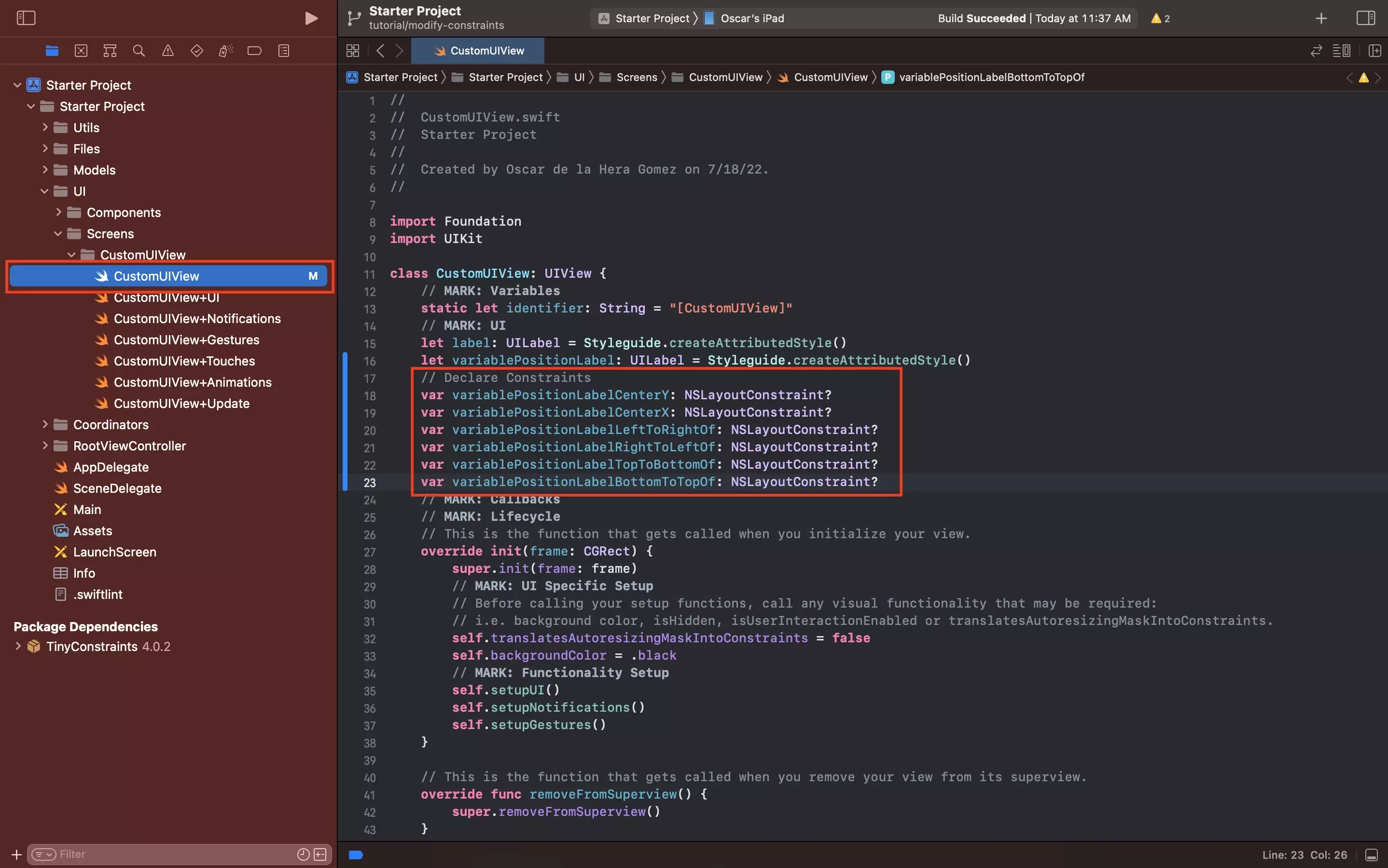 A screenshot of XCode on the CustomUIView.swift file with a highlight on where we declared the NSLayoutConstraints.