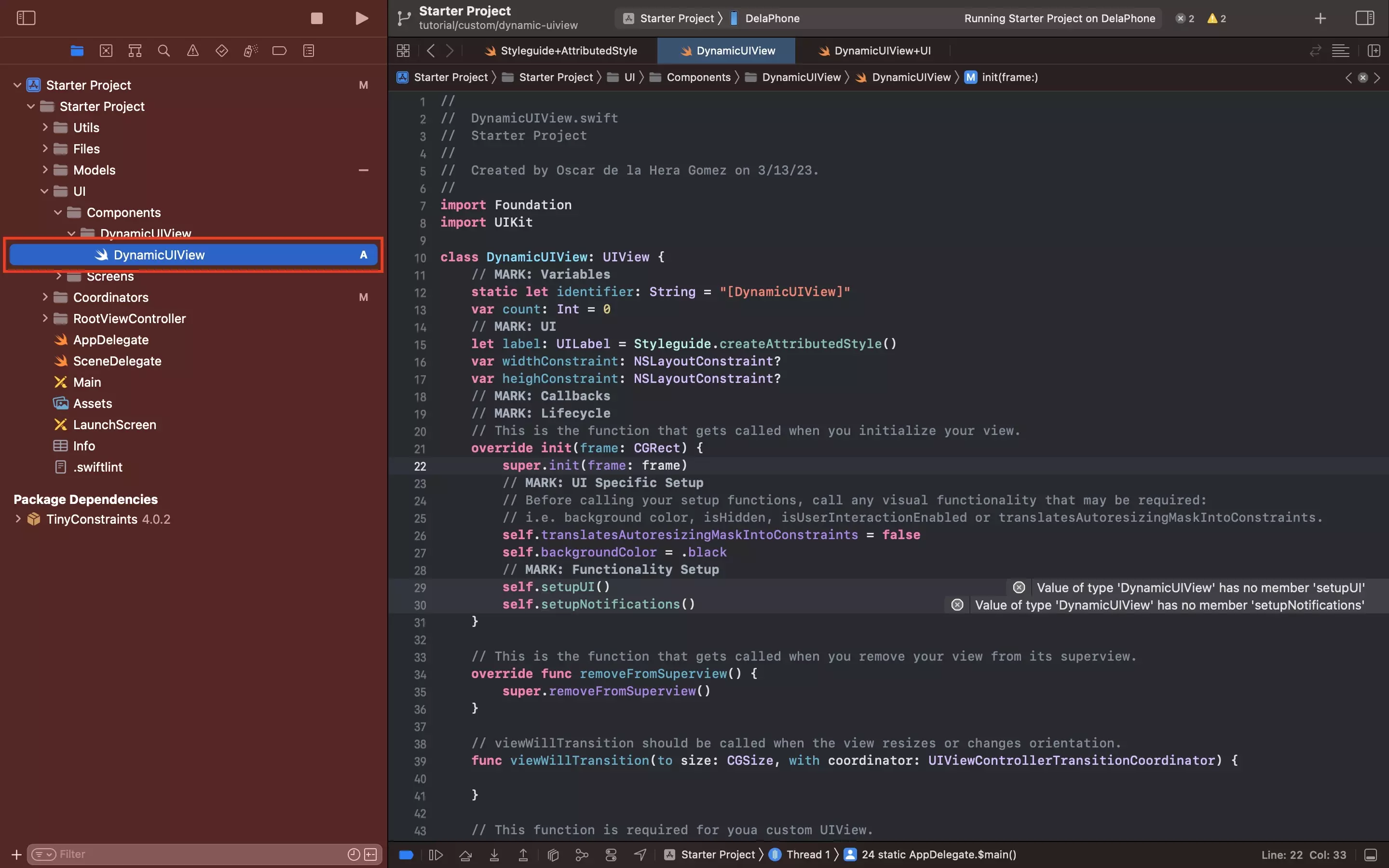 A screenshot of Xcode showing the DynamicUIView.swift file, the code is available below.