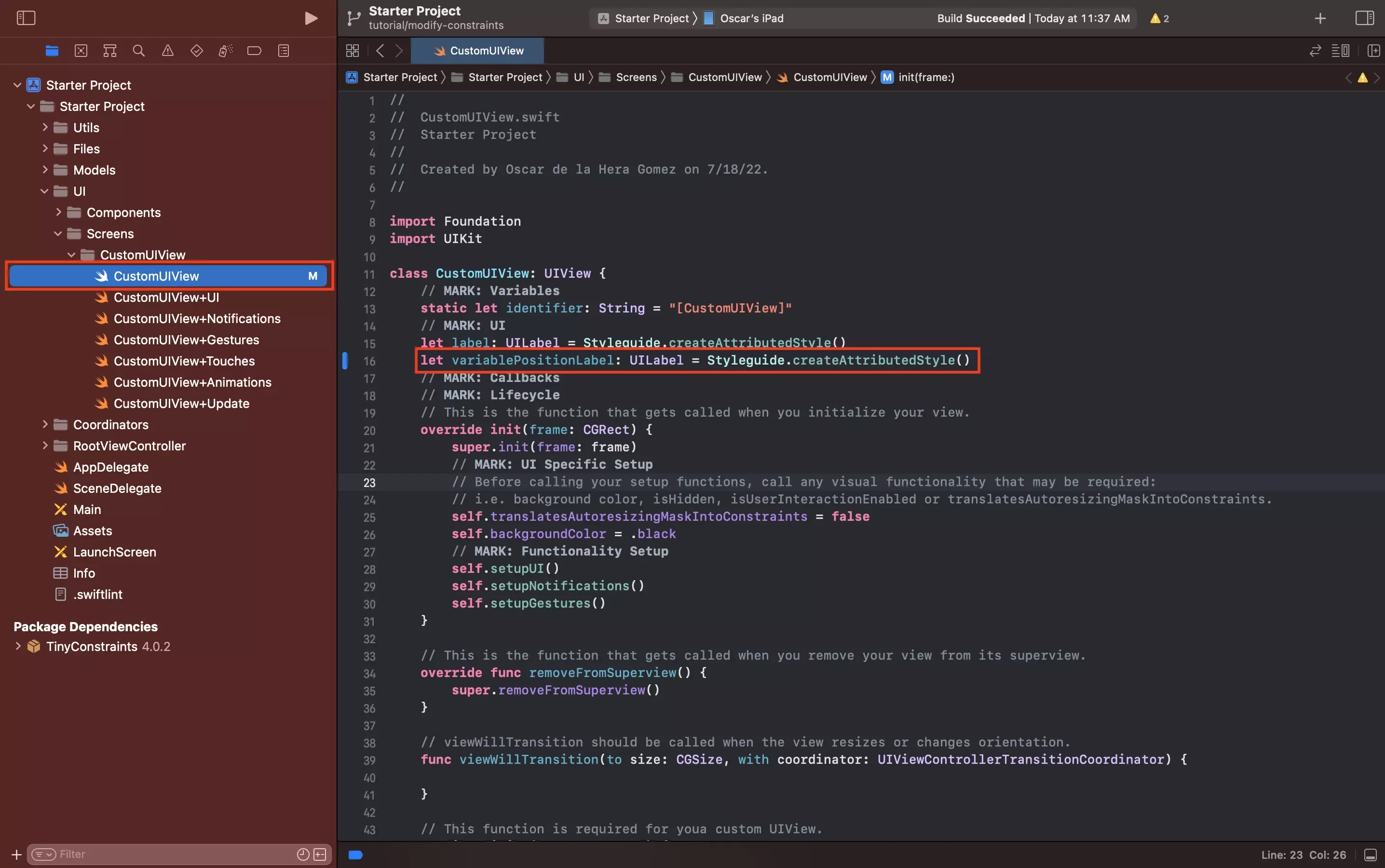 A screenshot of XCode in the CustomUIView.swift file with a highlight on where we declared the UILabel.