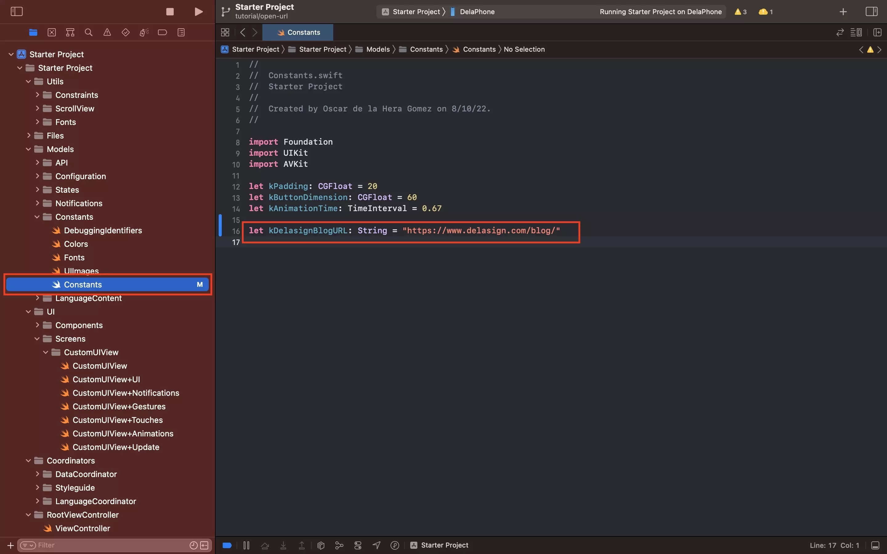 A screenshot of Xcode on the Constants.swift file, with a highlight on the URL that we declared as "kDelasignBlogURL" which points to our blog.