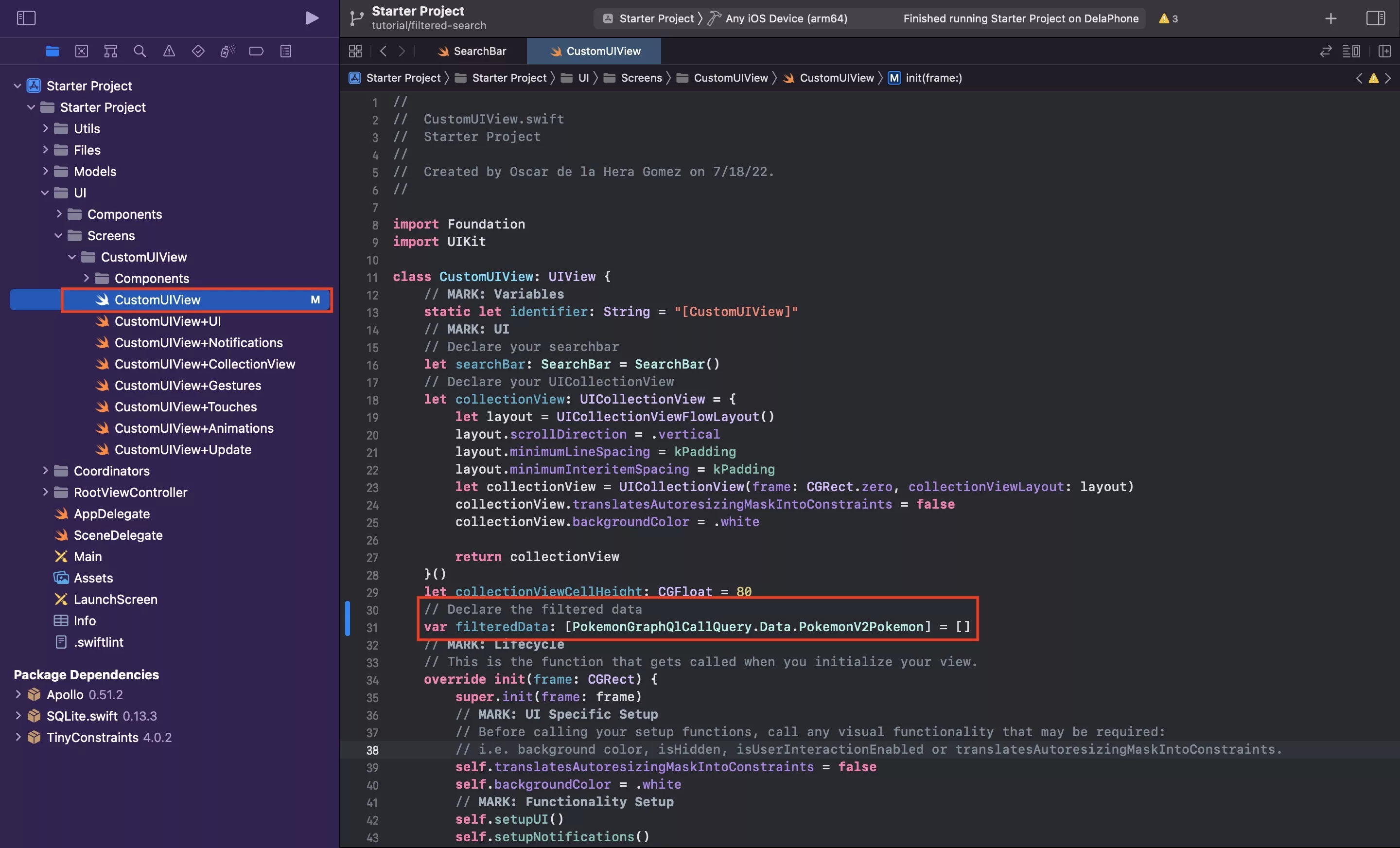 A screenshot showing how we declared the filtered data array within the CustomUIView.swift.